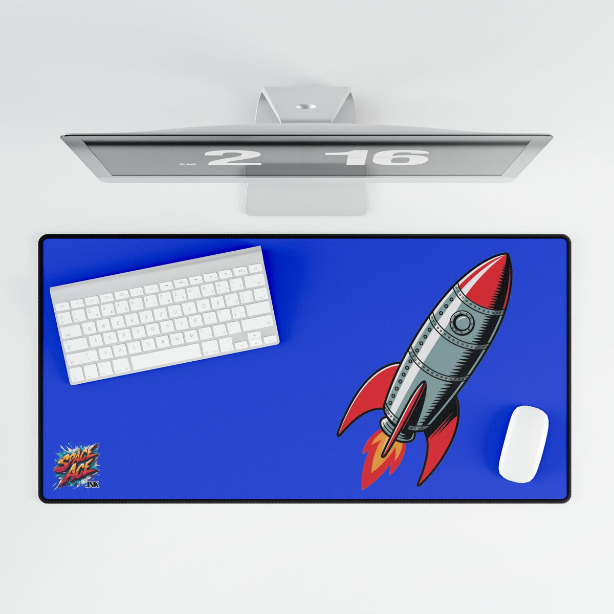 Retro Rocket Illustration Desk Mat - Space, Vintage Comic Style
