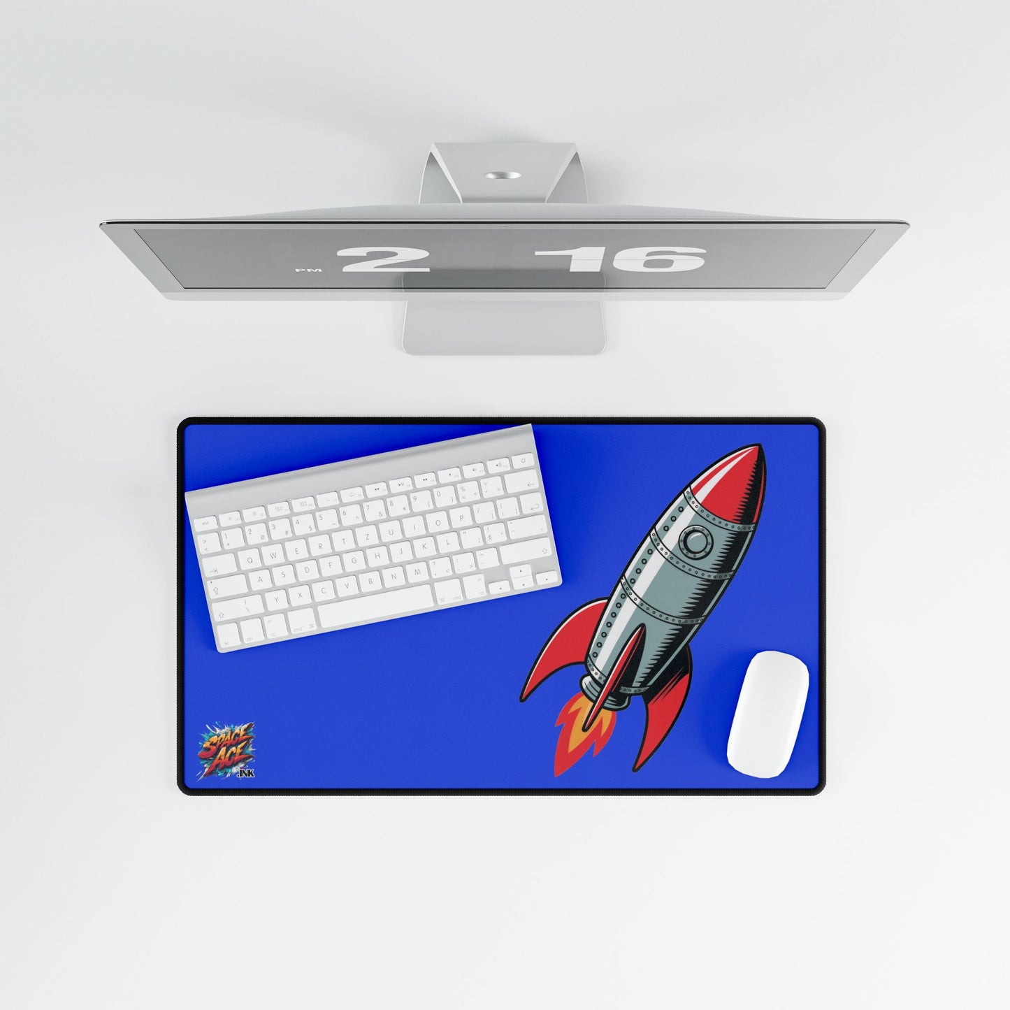 Retro Rocket Illustration Desk Mat - Space, Vintage Comic Style