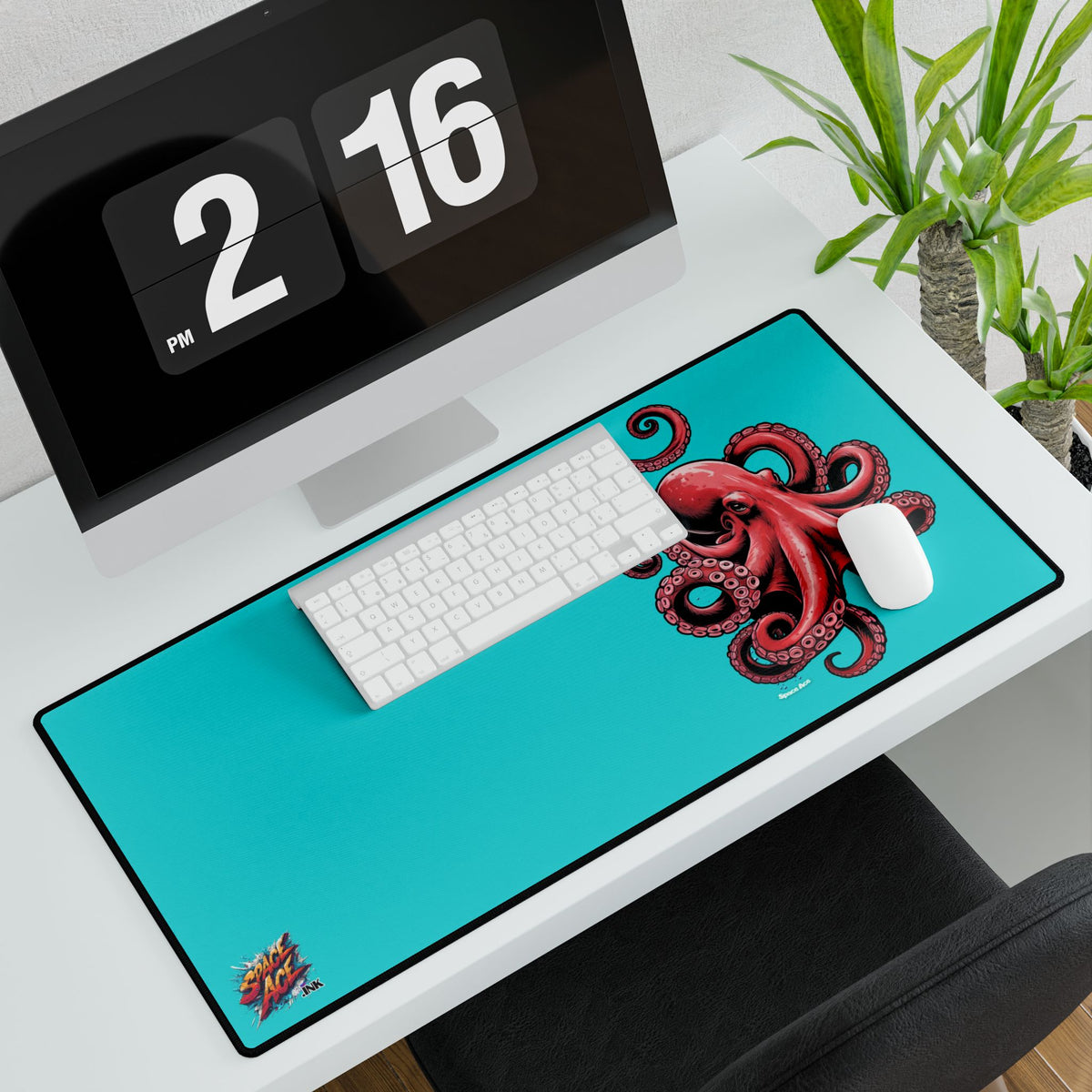 Red Octopus Illustration Desk Mat - Black Gaming Mousepad