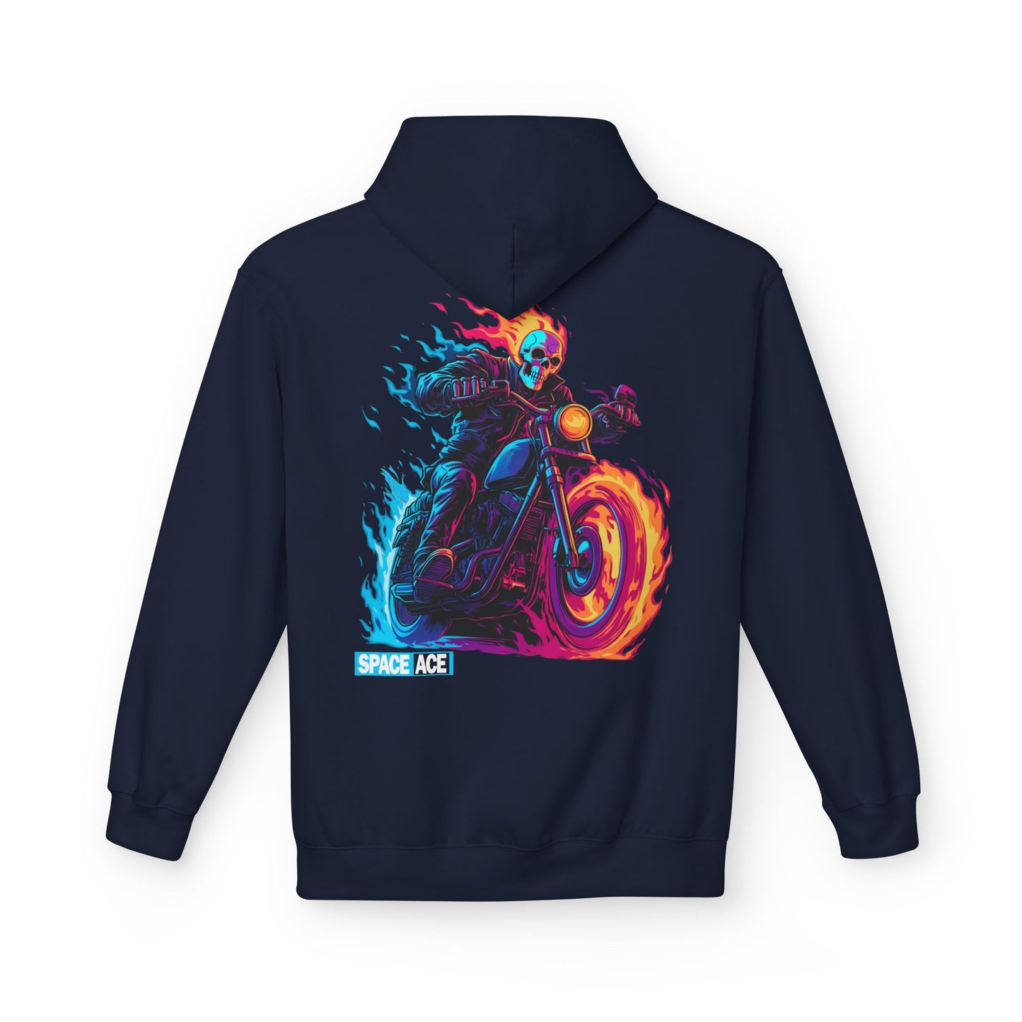 Space Ace Neon Skull Biker Hoodie — Flaming Motorcycle Graphic Sweatshirt