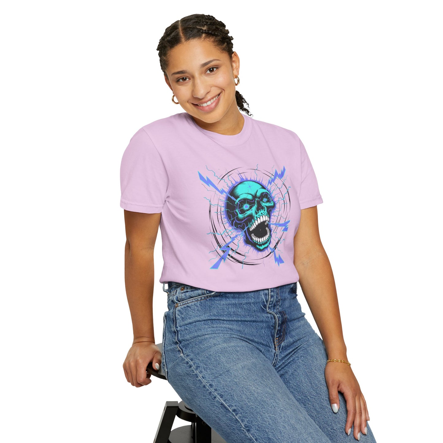 Electric Skull BLUE, Garment-Dyed Graphic Tee for Music Lovers, Halloween, Festival Wear