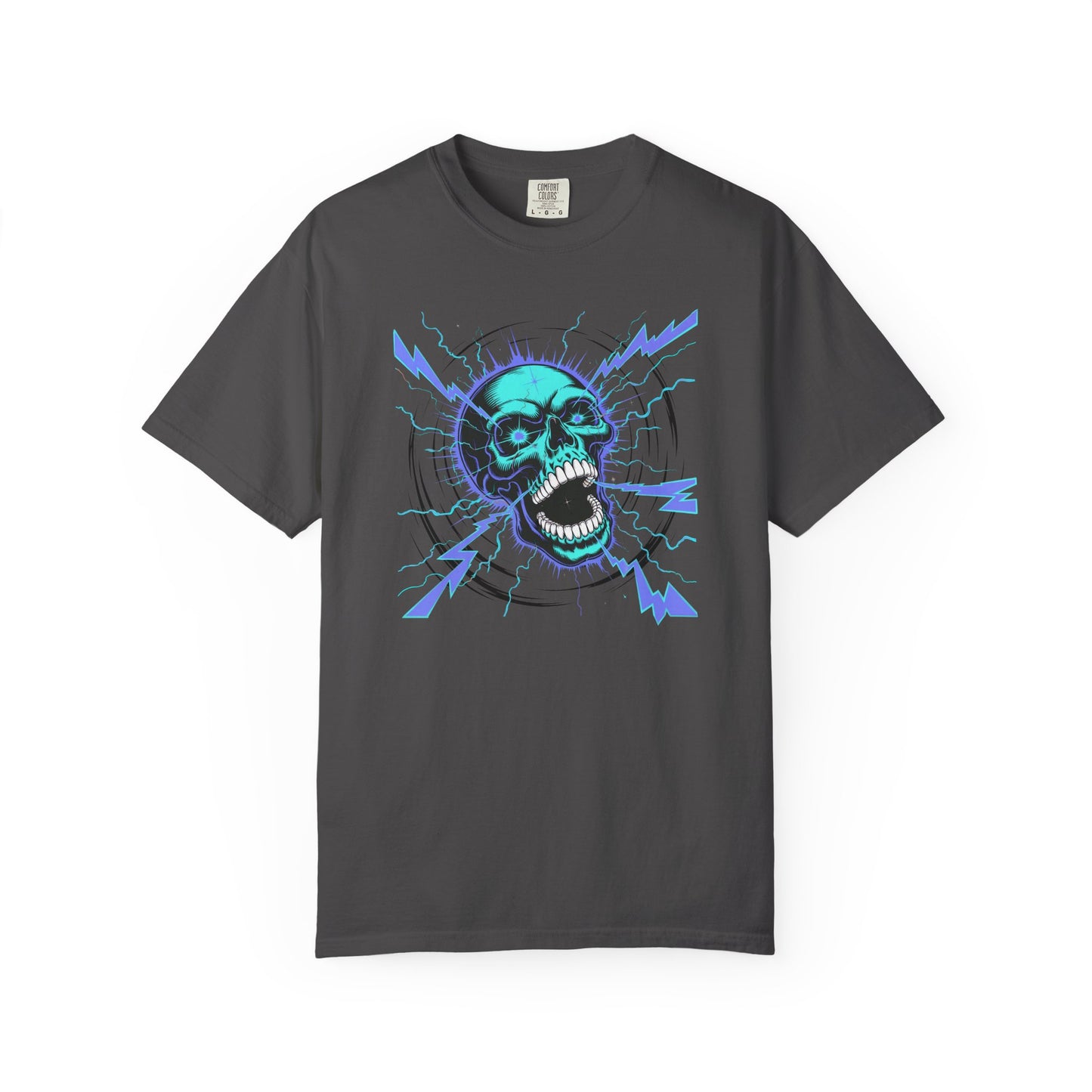 Electric Skull BLUE, Garment-Dyed Graphic Tee for Music Lovers, Halloween, Festival Wear