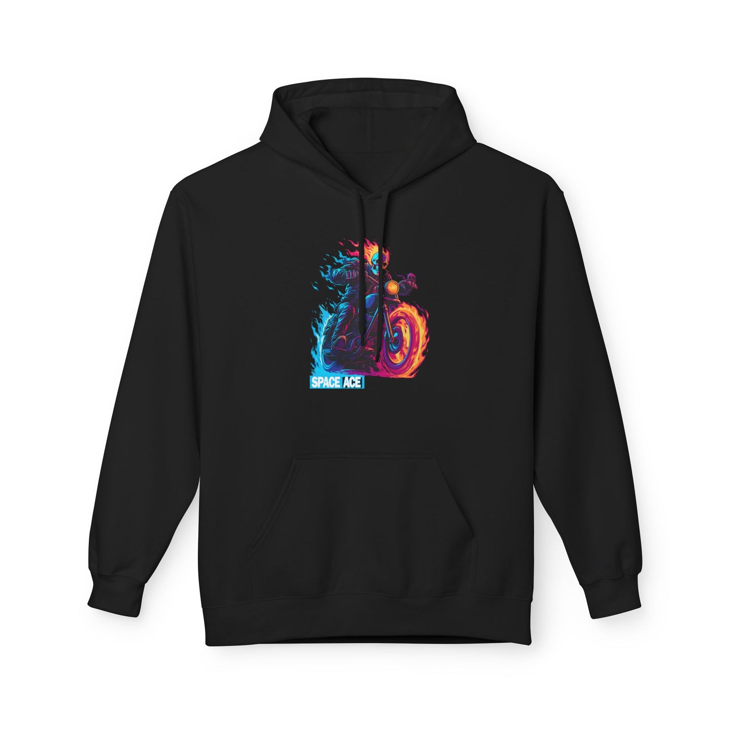 Space Ace Neon Skull Biker Hoodie — Flaming Motorcycle Graphic Sweatshirt