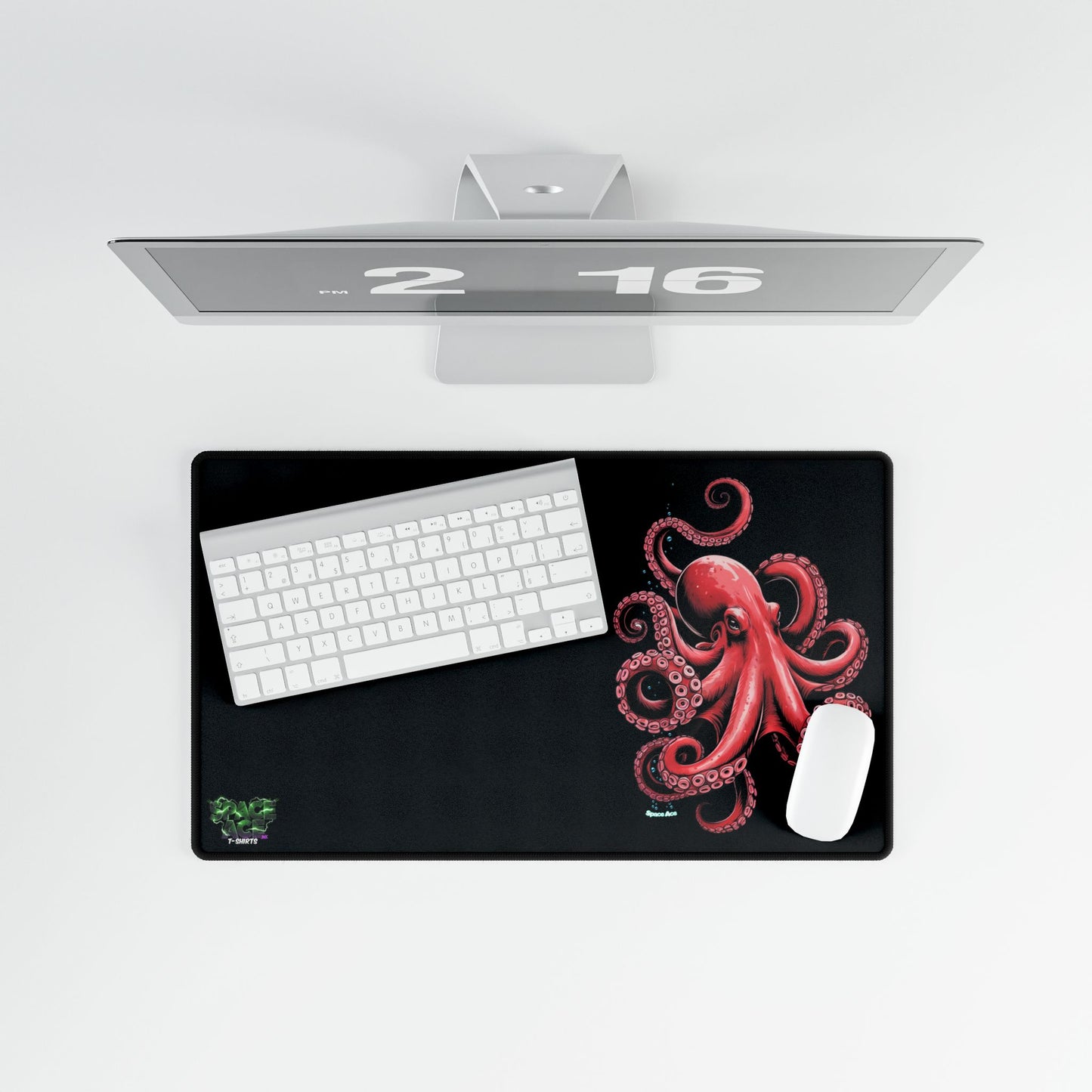 Red Octopus Illustration Desk Mat - Black Gaming Mousepad