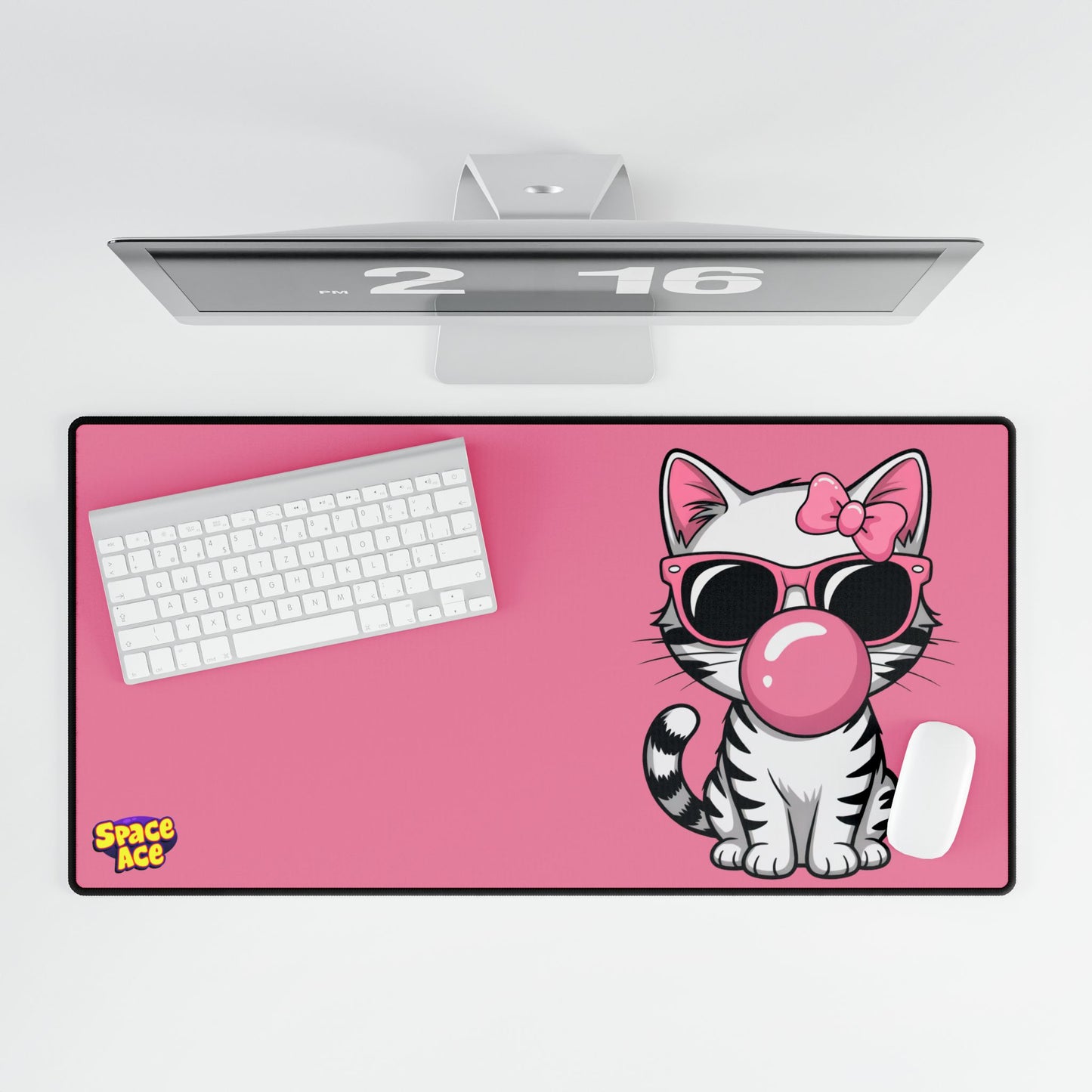 Bubblegum Cat Desk Mat - Pink Cat with Sunglasses Mouse Pad