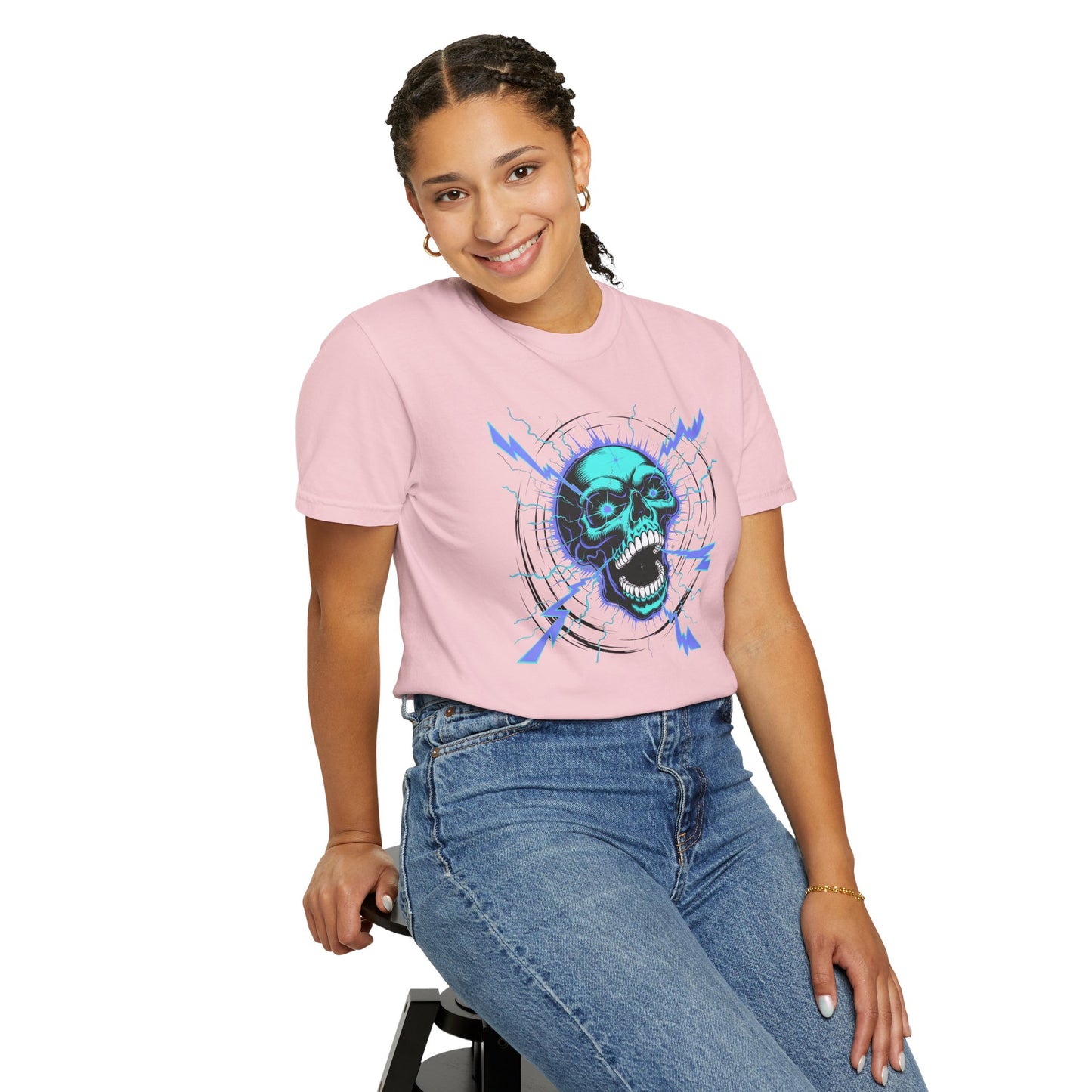 Electric Skull BLUE, Garment-Dyed Graphic Tee for Music Lovers, Halloween, Festival Wear