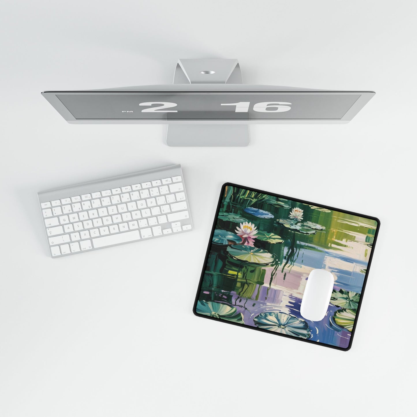 Water Lily Pond Desk Mat - Floral Illustrated Mousepad, Lily Pad Artwork