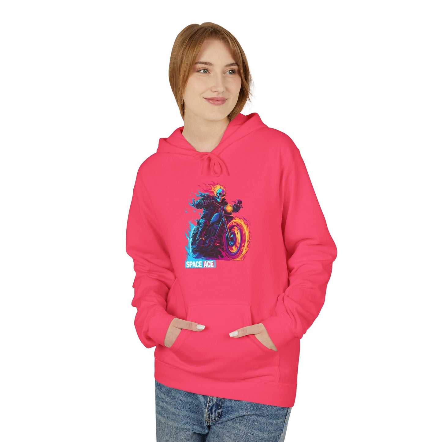 Space Ace Neon Skull Biker Hoodie — Flaming Motorcycle Graphic Sweatshirt