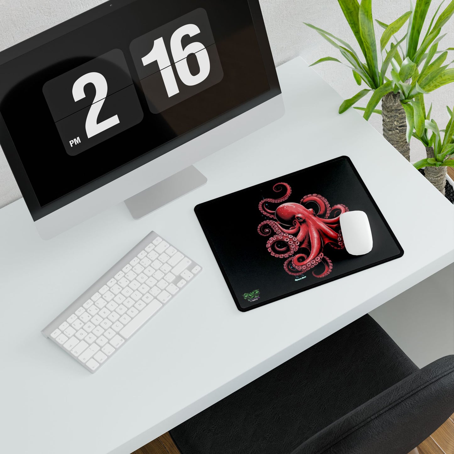 Red Octopus Illustration Desk Mat - Black Gaming Mousepad