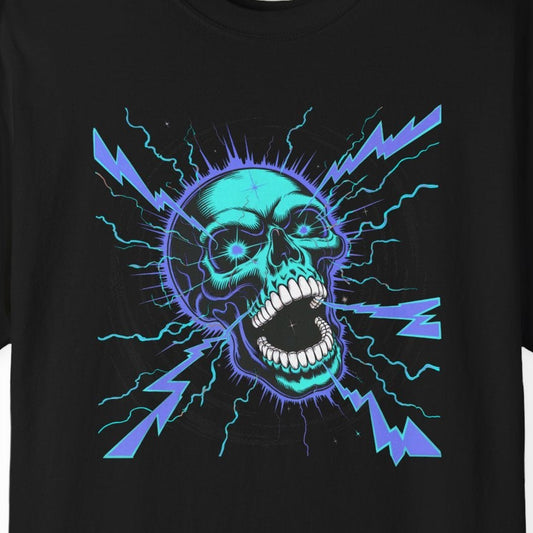 Electric Skull BLUE, Garment-Dyed Graphic Tee for Music Lovers, Halloween, Festival Wear