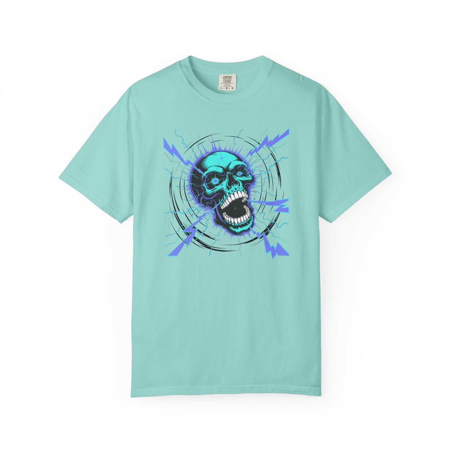 Electric Skull BLUE, Garment-Dyed Graphic Tee for Music Lovers, Halloween, Festival Wear
