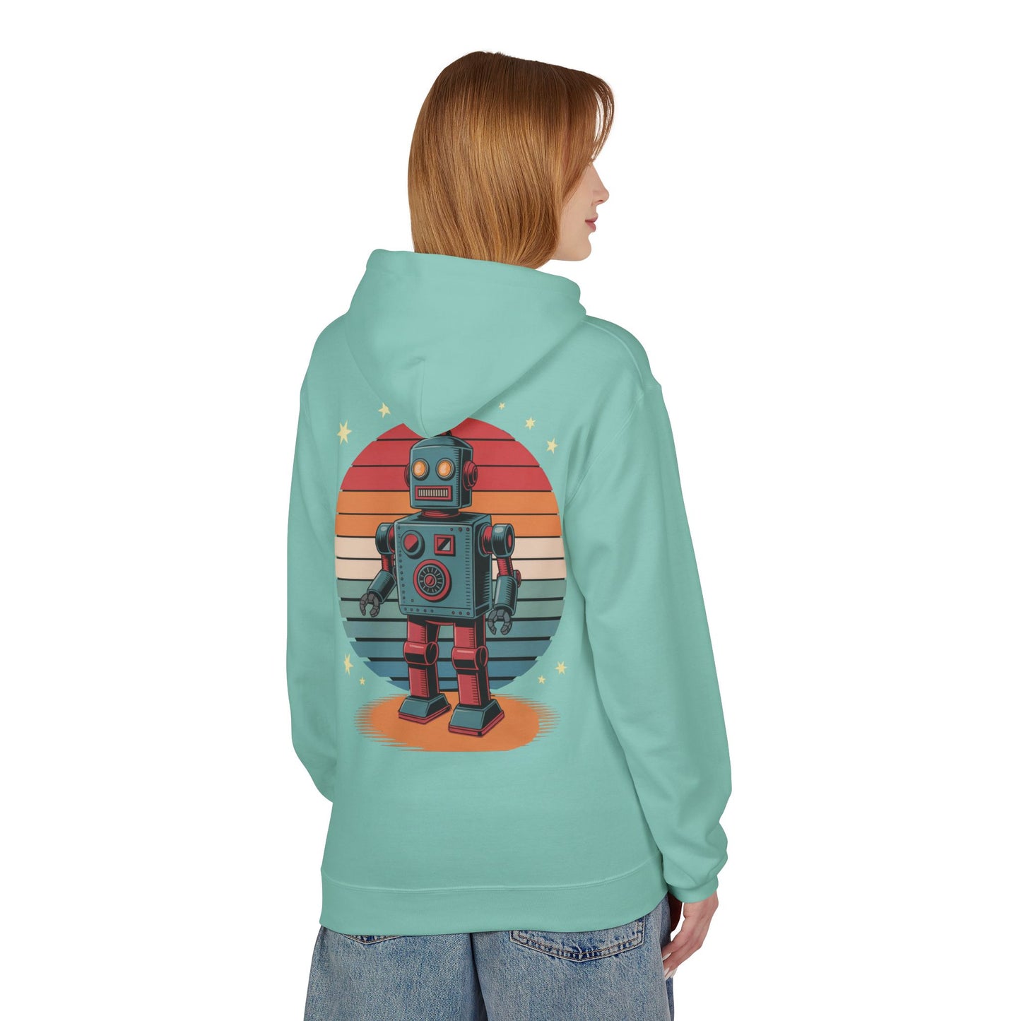 Retro Robot Hoodie – Vintage Sunset Space Toy Graphic