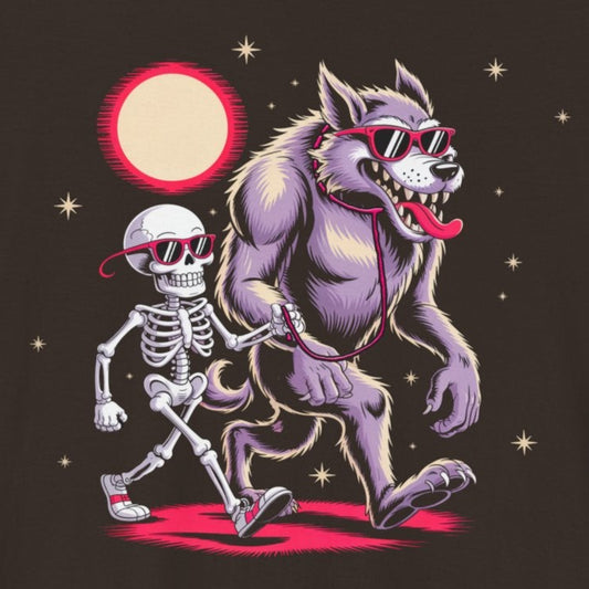 Spooky Dog Walk - Skeleton & Werewolf Design, Halloween Shirt, Funny Graphic Tee, Unisex Casual Wear, Unique Gift Idea
