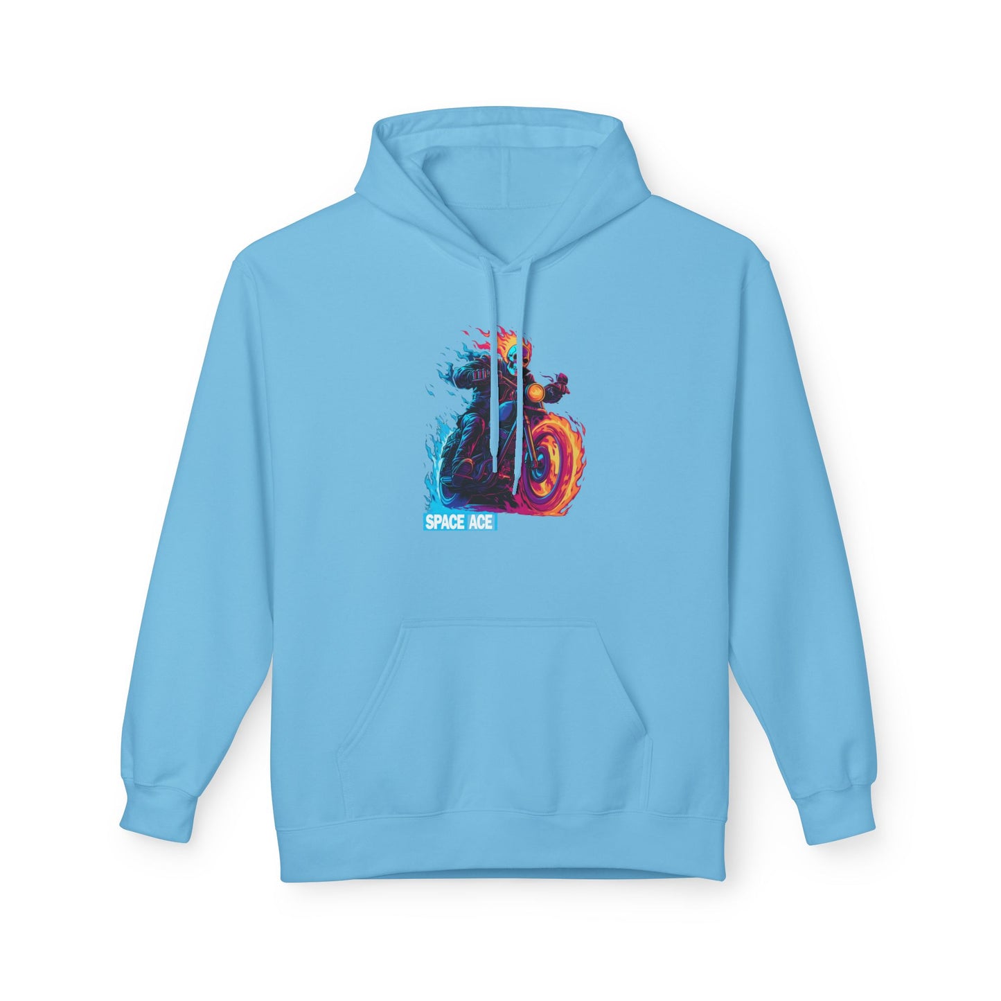 Space Ace Neon Skull Biker Hoodie — Flaming Motorcycle Graphic Sweatshirt