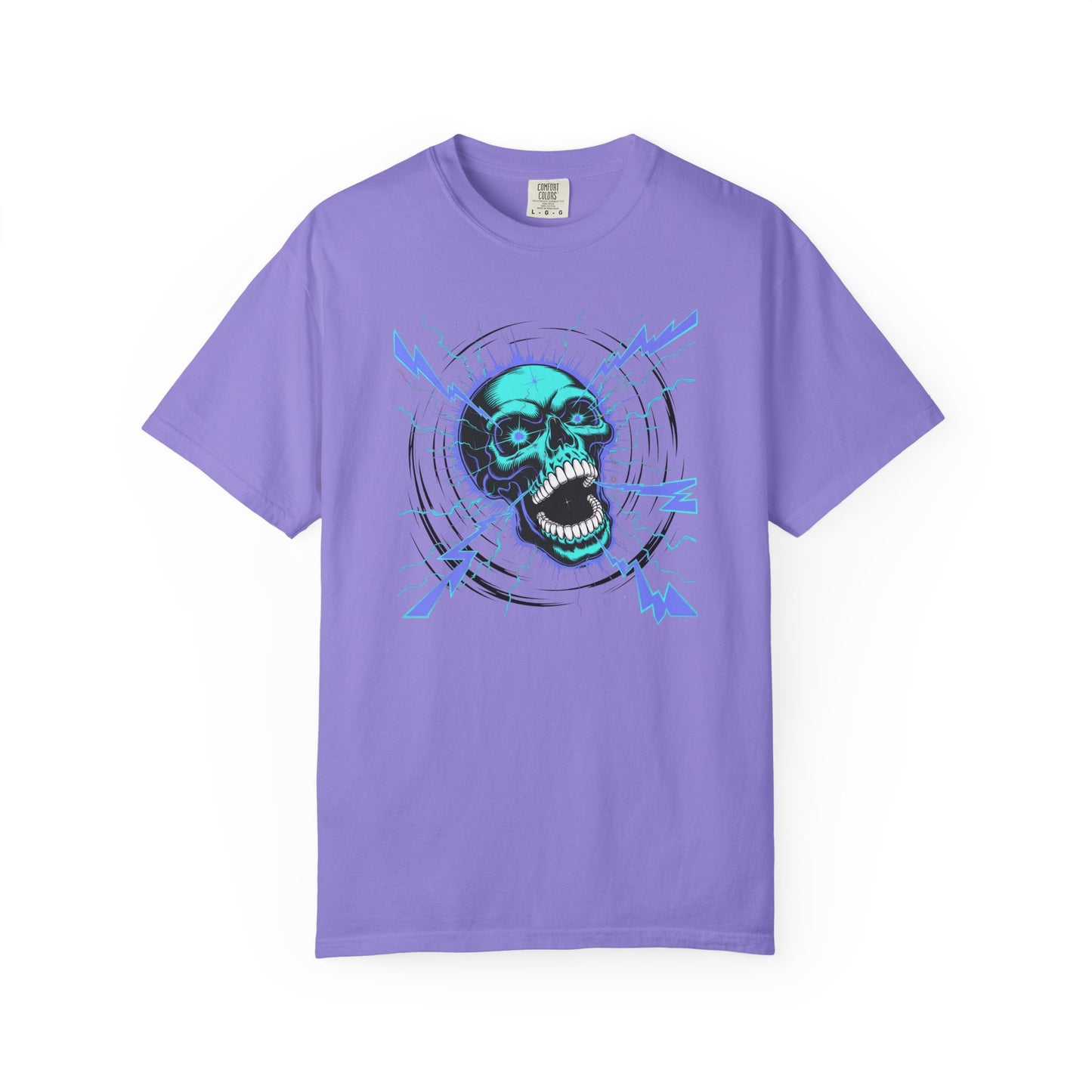 Electric Skull BLUE, Garment-Dyed Graphic Tee for Music Lovers, Halloween, Festival Wear