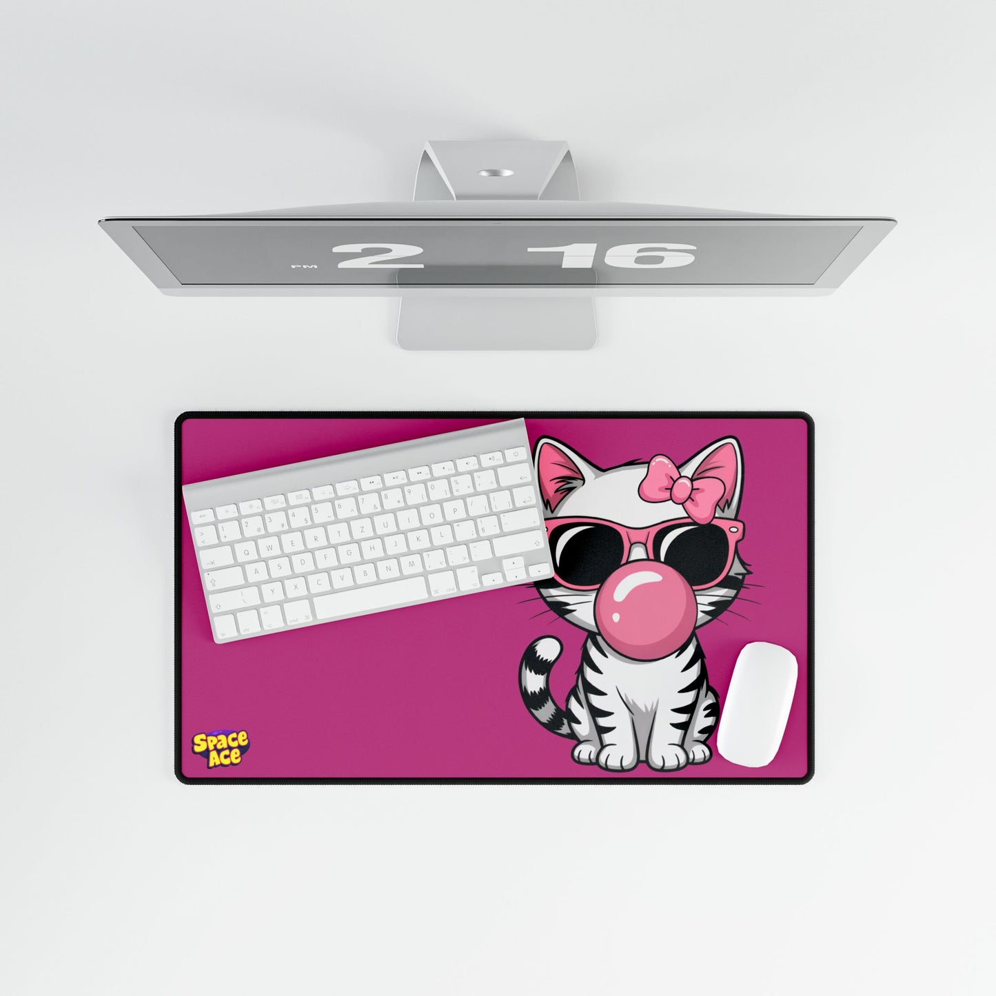 Bubblegum Cat Desk Mat - Pink Cat with Sunglasses Mouse Pad