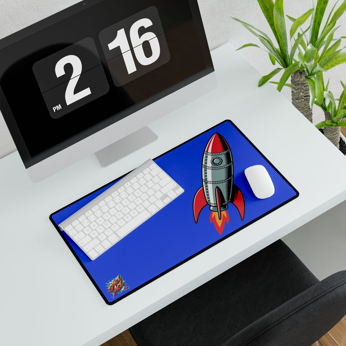 Retro Rocket Illustration Desk Mat - Space, Vintage Comic Style