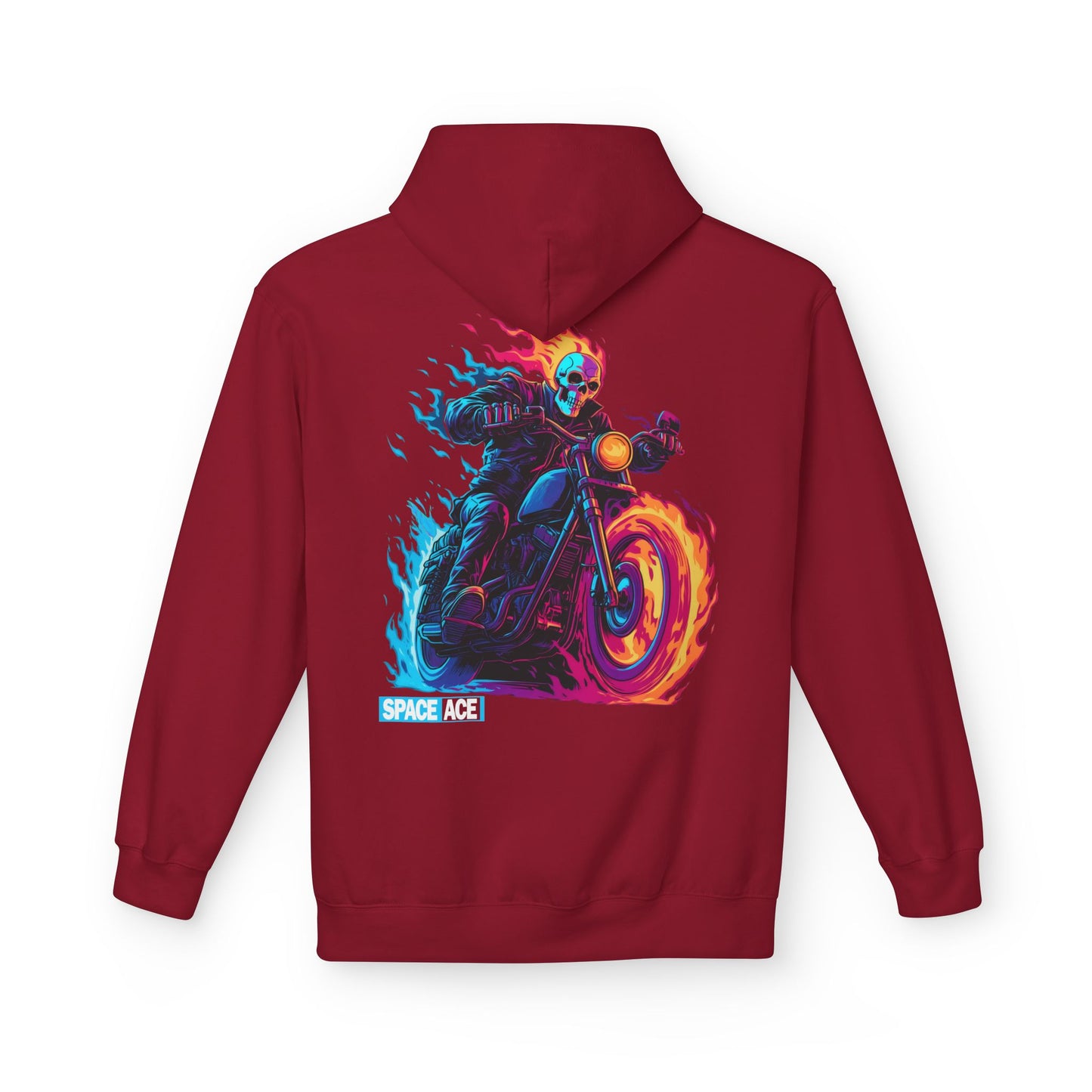 Space Ace Neon Skull Biker Hoodie — Flaming Motorcycle Graphic Sweatshirt