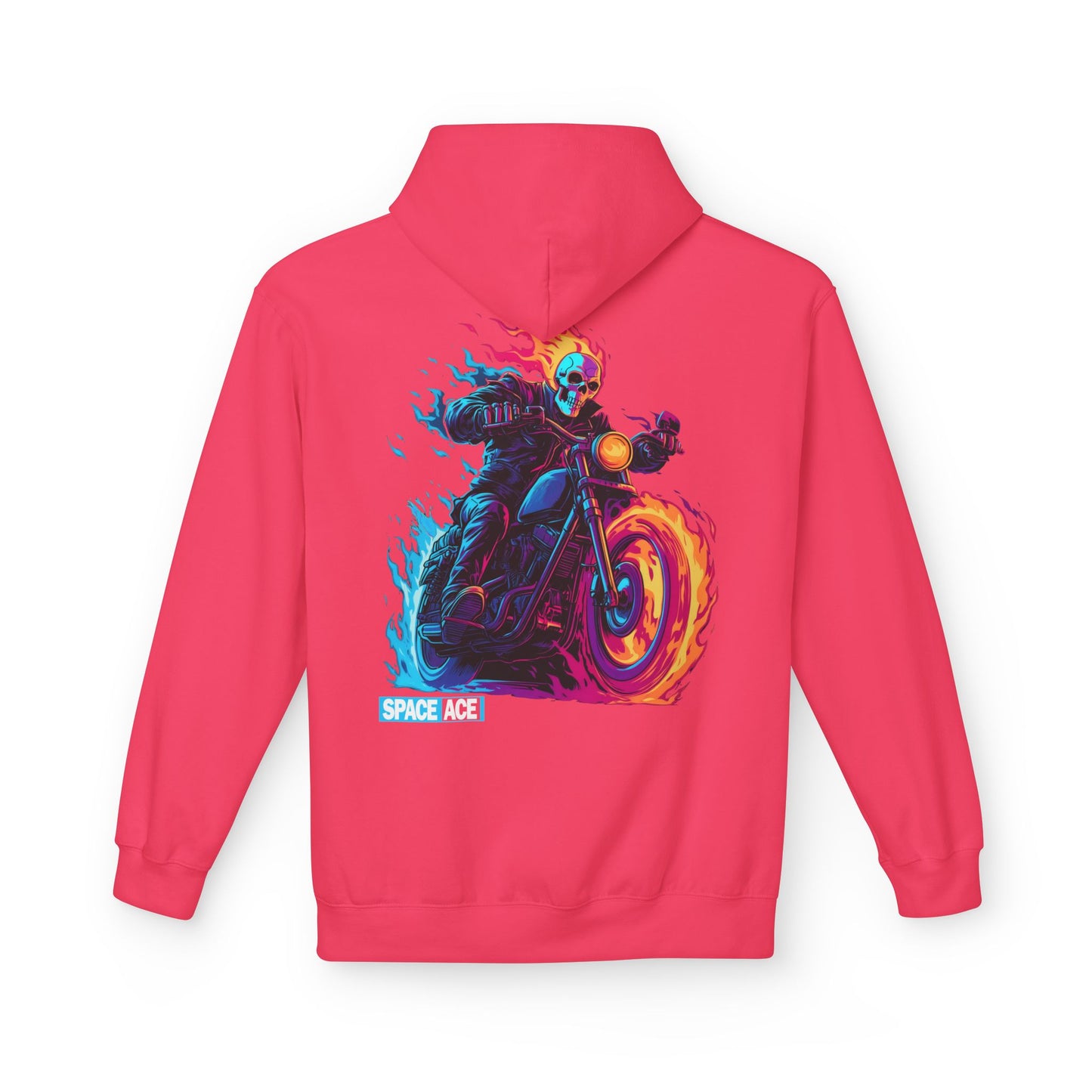 Space Ace Neon Skull Biker Hoodie — Flaming Motorcycle Graphic Sweatshirt