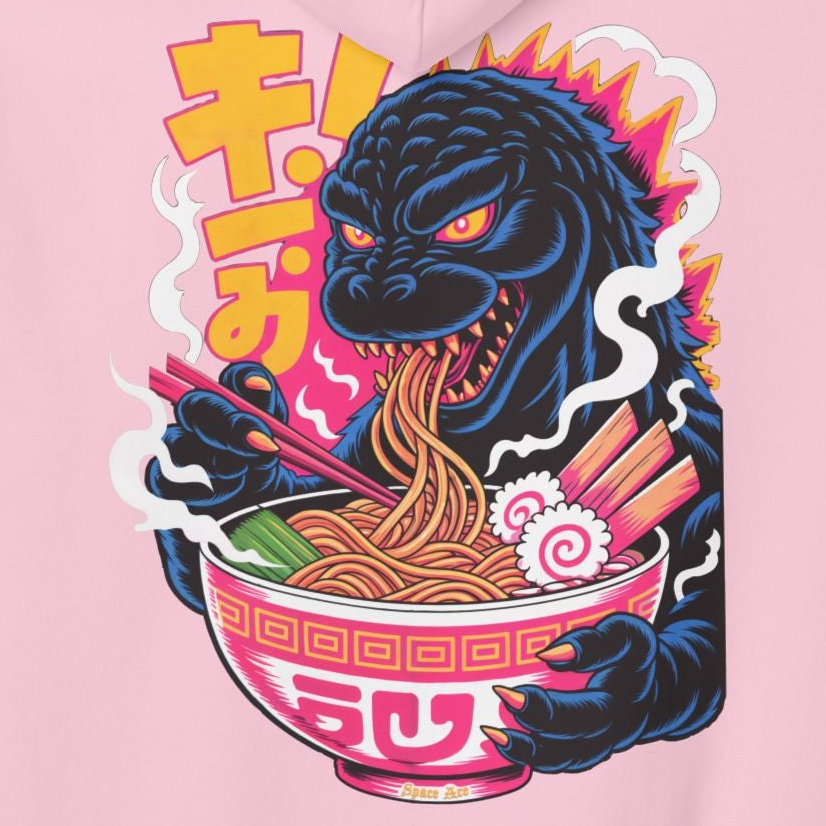 Kaiju Ramen Lover Hoodie — Neon Godzilla Eating Ramen Streetwear