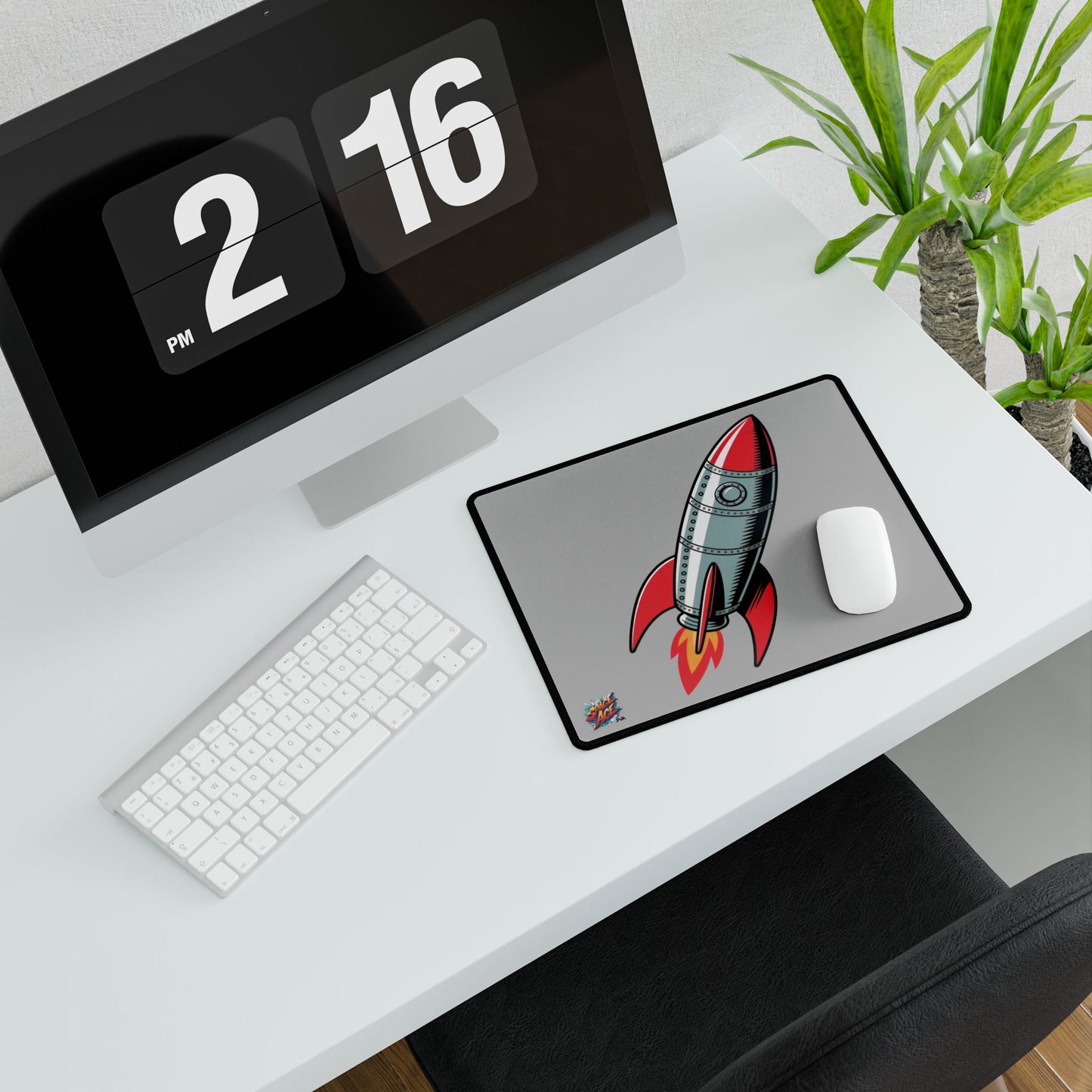 Retro Rocket Illustration Desk Mat - Space, Vintage Comic Style