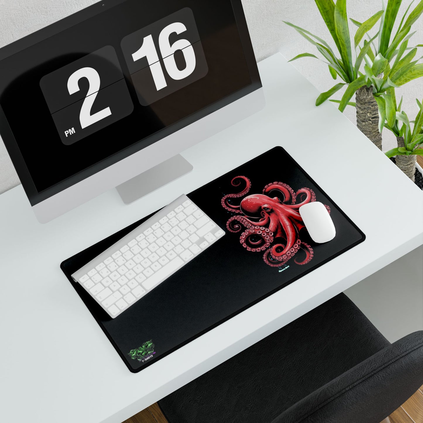 Red Octopus Illustration Desk Mat - Black Gaming Mousepad