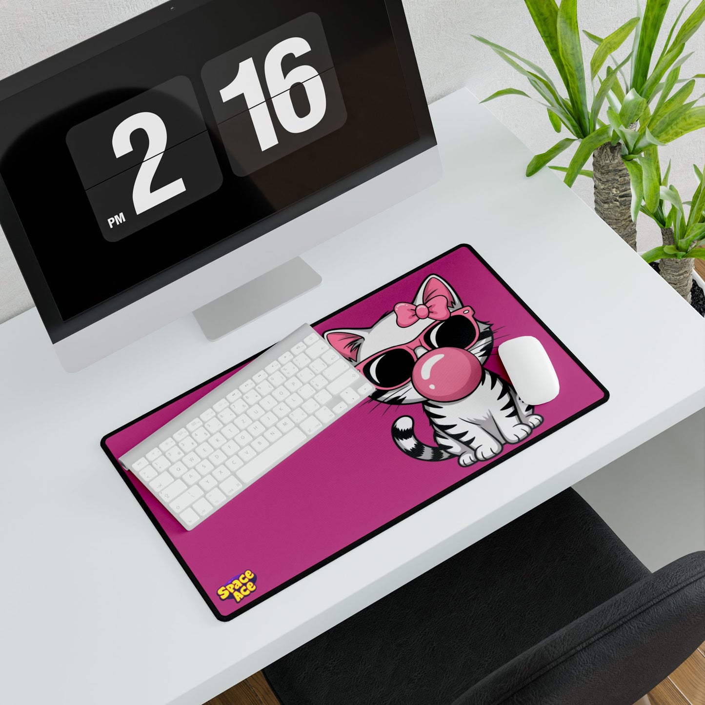 Bubblegum Cat Desk Mat - Pink Cat with Sunglasses Mouse Pad