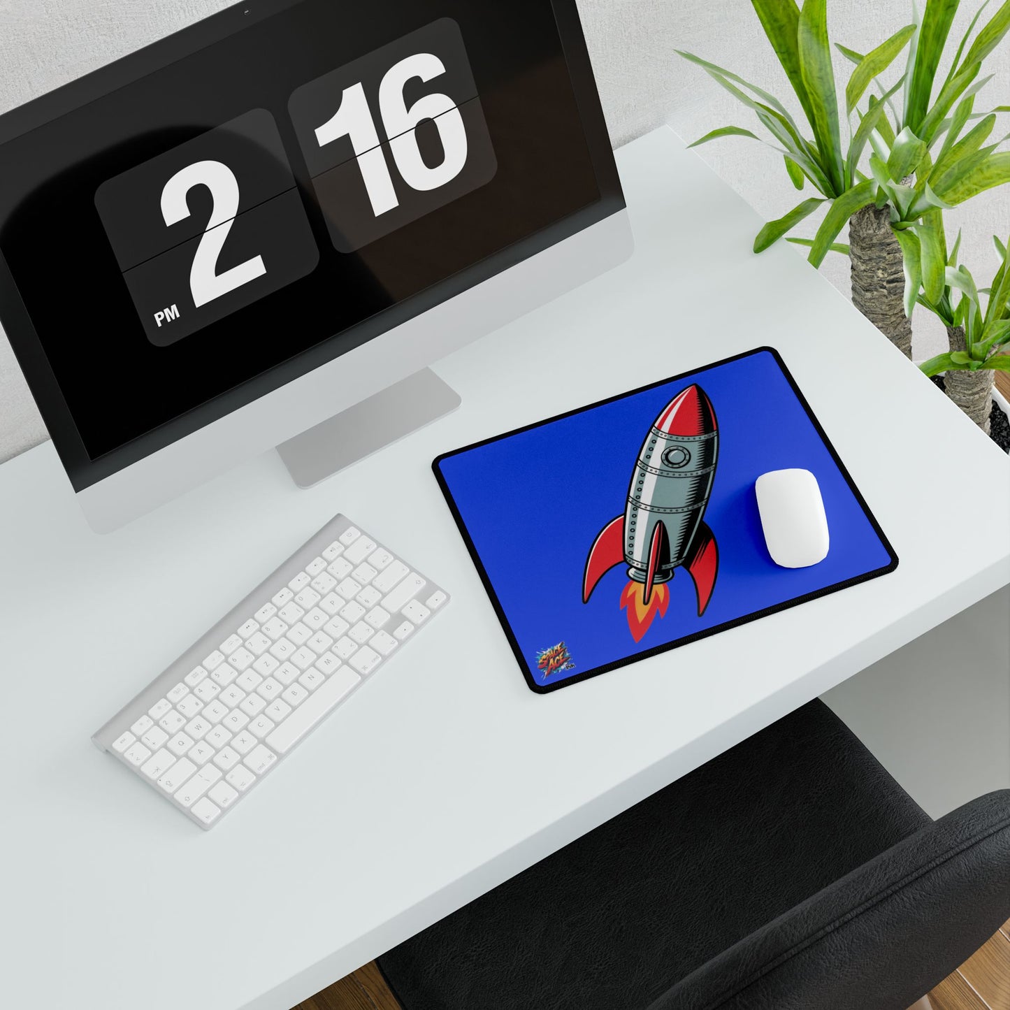Retro Rocket Illustration Desk Mat - Space, Vintage Comic Style