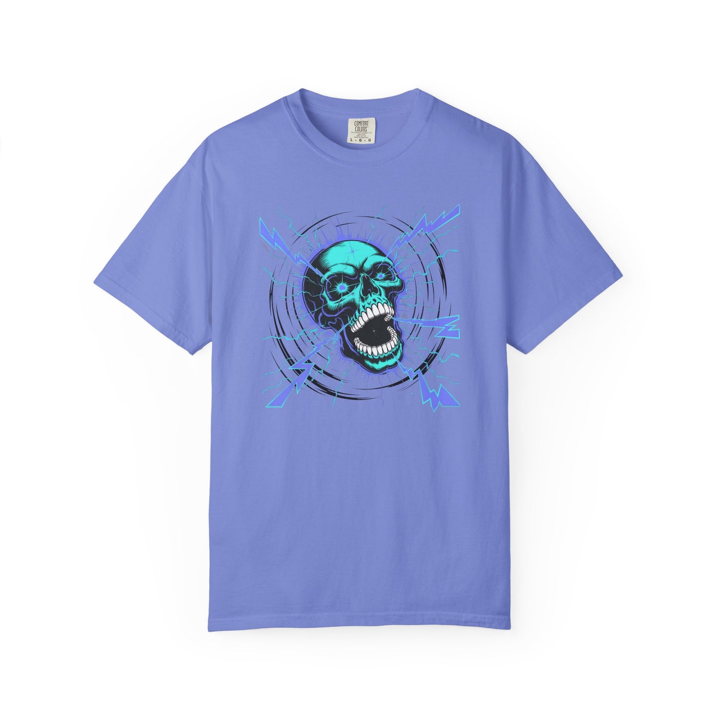 Electric Skull BLUE, Garment-Dyed Graphic Tee for Music Lovers, Halloween, Festival Wear