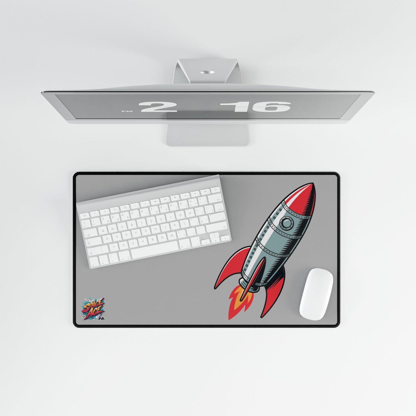 Retro Rocket Illustration Desk Mat - Space, Vintage Comic Style