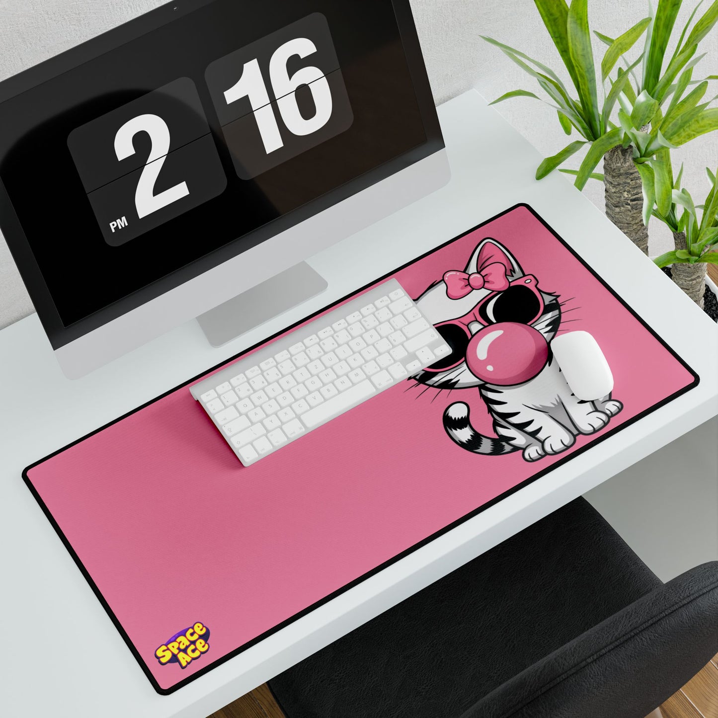 Bubblegum Cat Desk Mat - Pink Cat with Sunglasses Mouse Pad