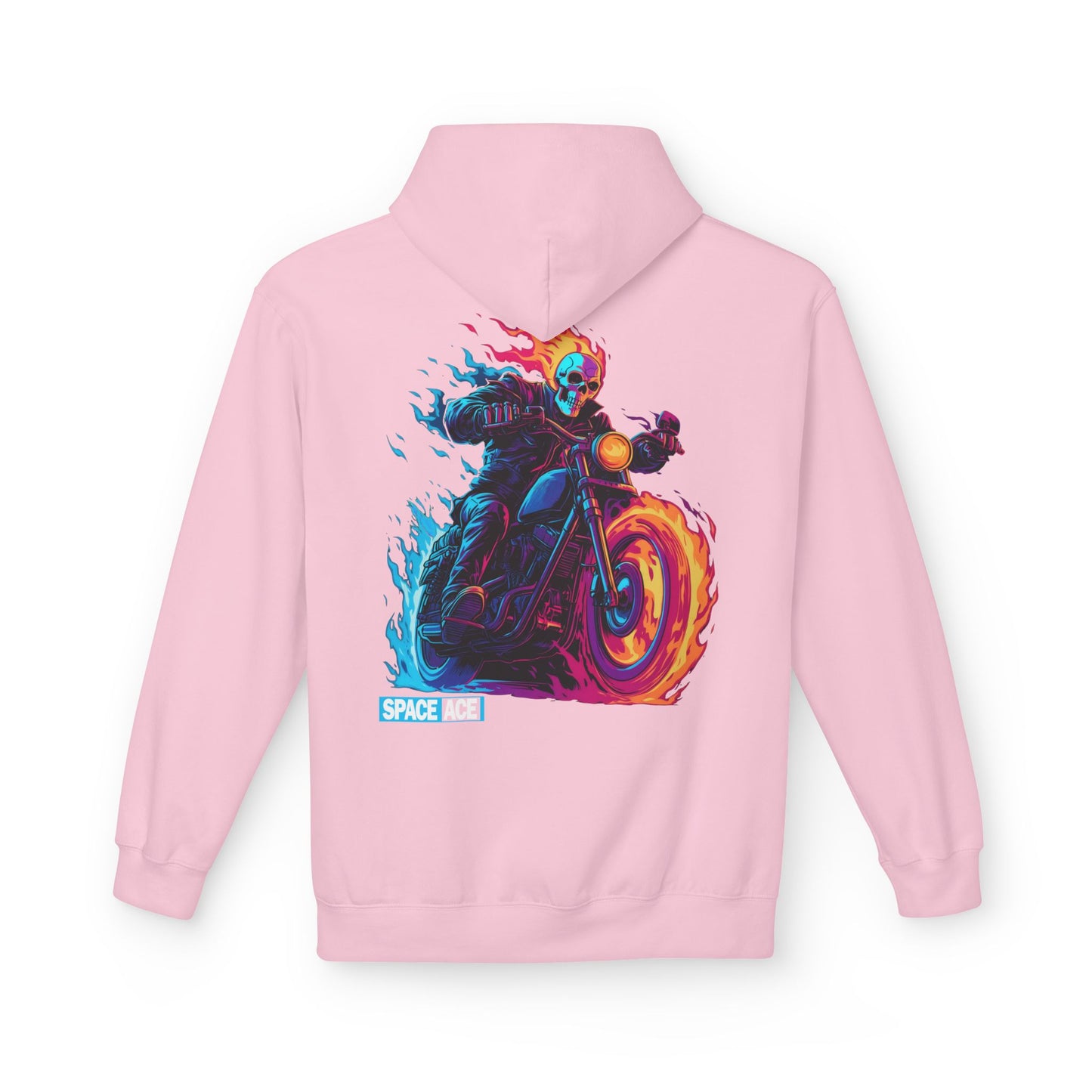 Space Ace Neon Skull Biker Hoodie — Flaming Motorcycle Graphic Sweatshirt