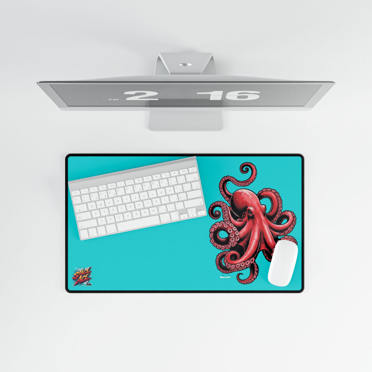 Red Octopus Illustration Desk Mat - Black Gaming Mousepad