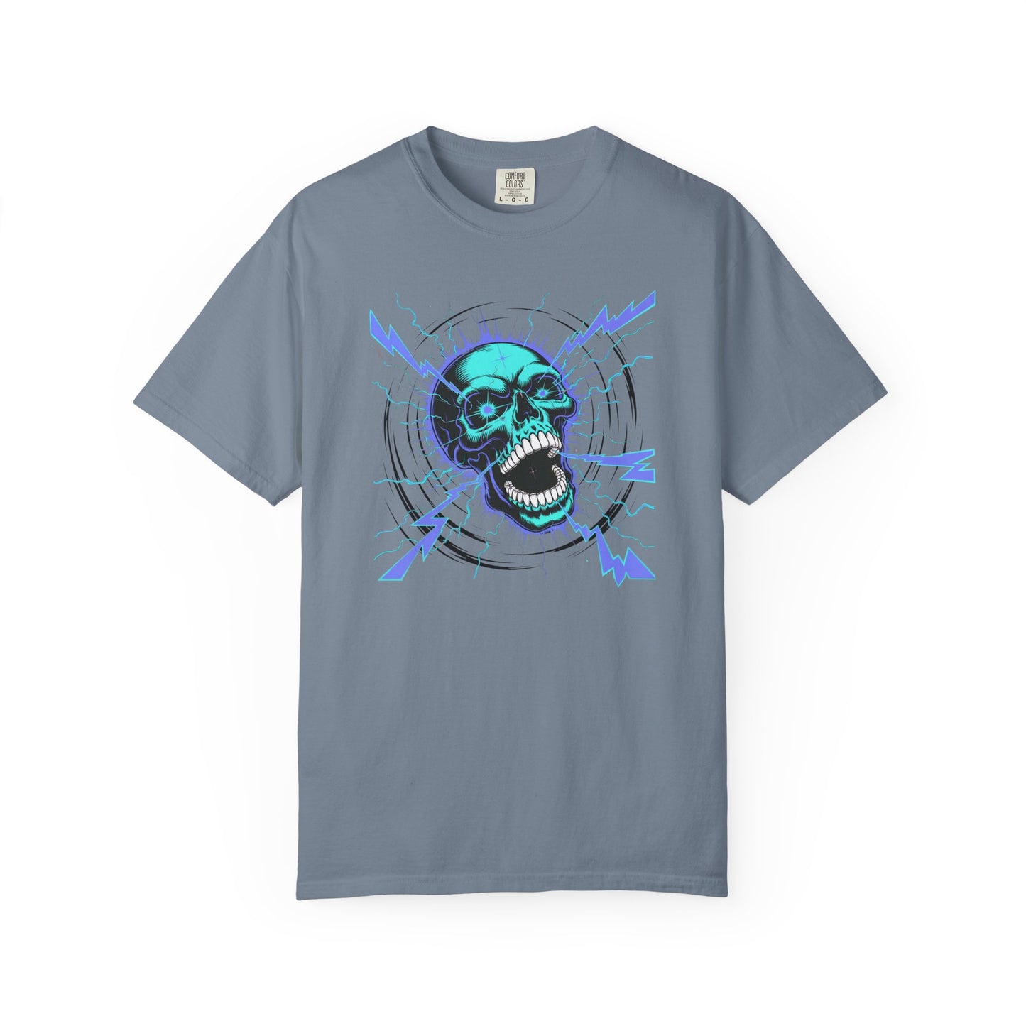 Electric Skull BLUE, Garment-Dyed Graphic Tee for Music Lovers, Halloween, Festival Wear