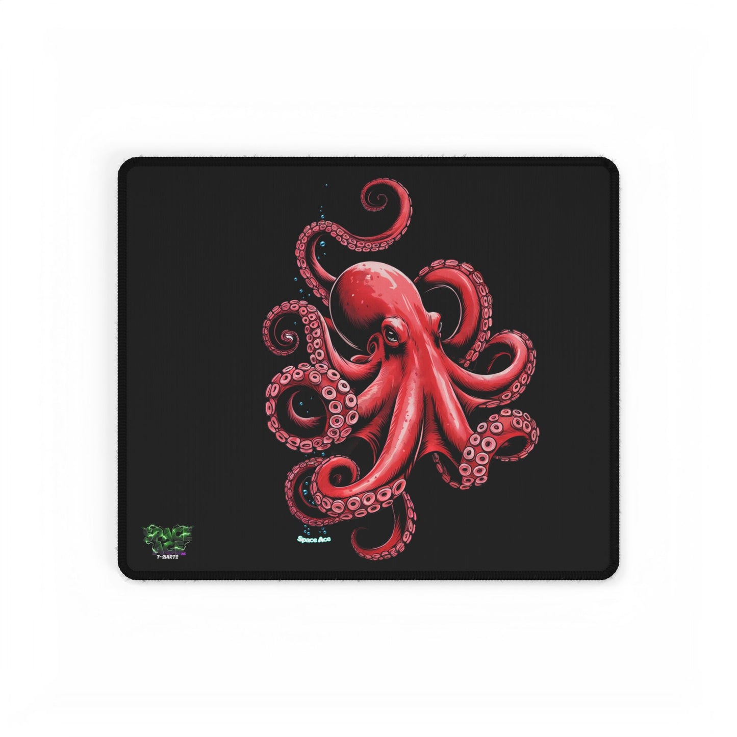 Red Octopus Illustration Desk Mat - Black Gaming Mousepad