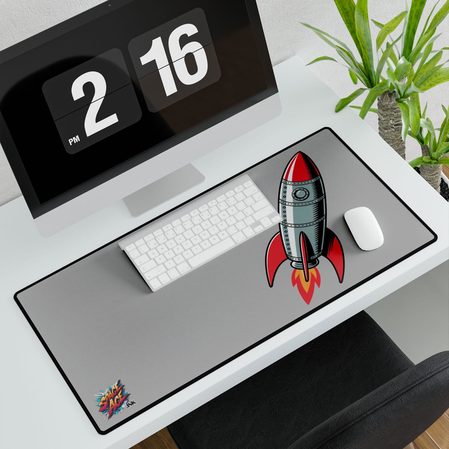 Retro Rocket Illustration Desk Mat - Space, Vintage Comic Style