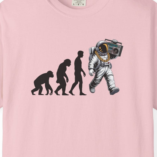 Evolution of Man and Boombox T-Shirt — Astronaut Evolution Chart Garment Dyed Graphic Tee, Science Humor Shirt