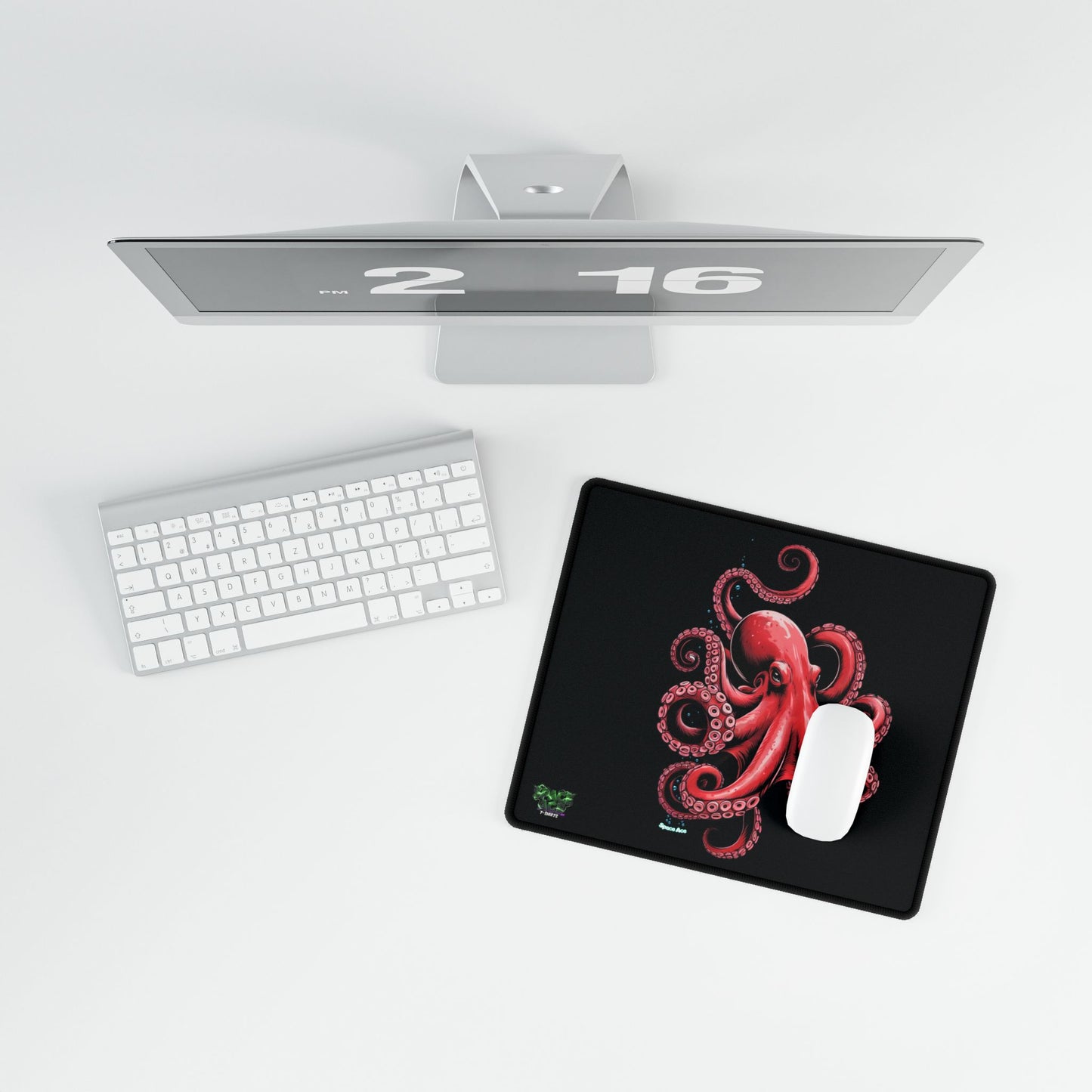 Red Octopus Illustration Desk Mat - Black Gaming Mousepad
