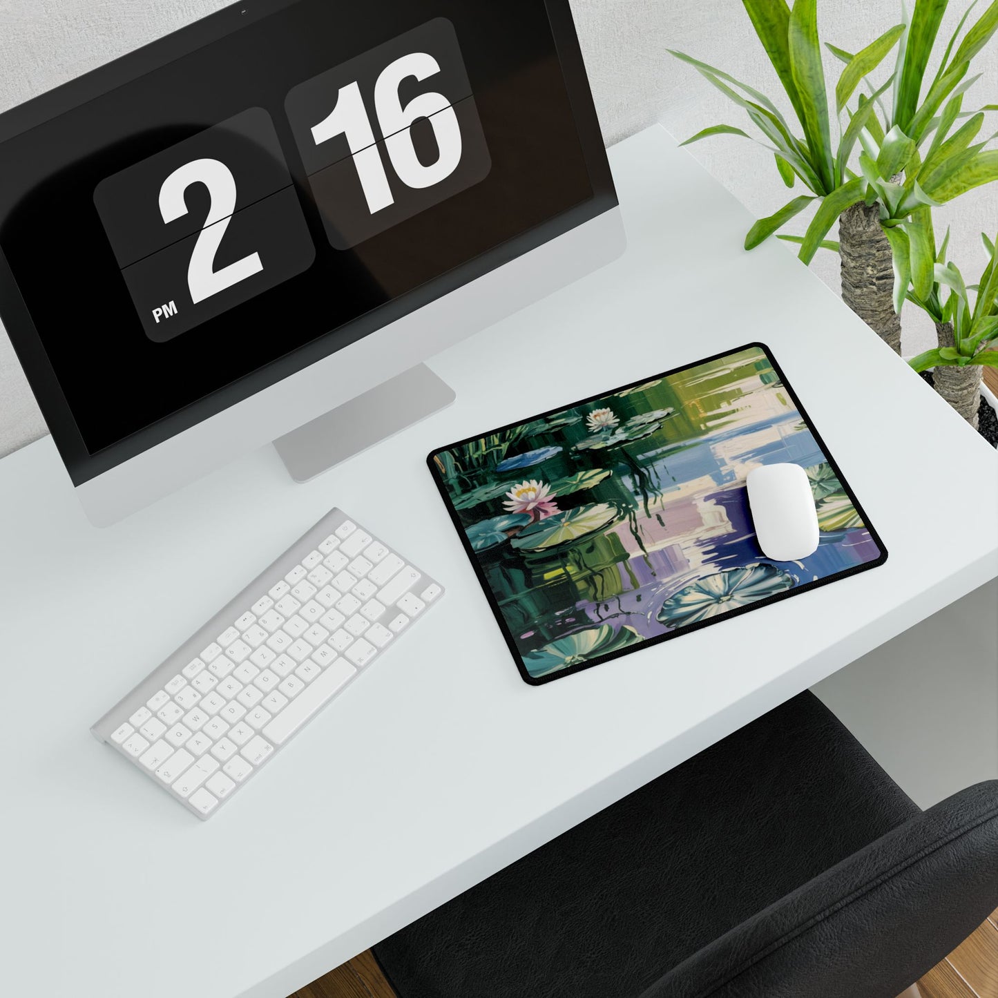 Water Lily Pond Desk Mat - Floral Illustrated Mousepad, Lily Pad Artwork