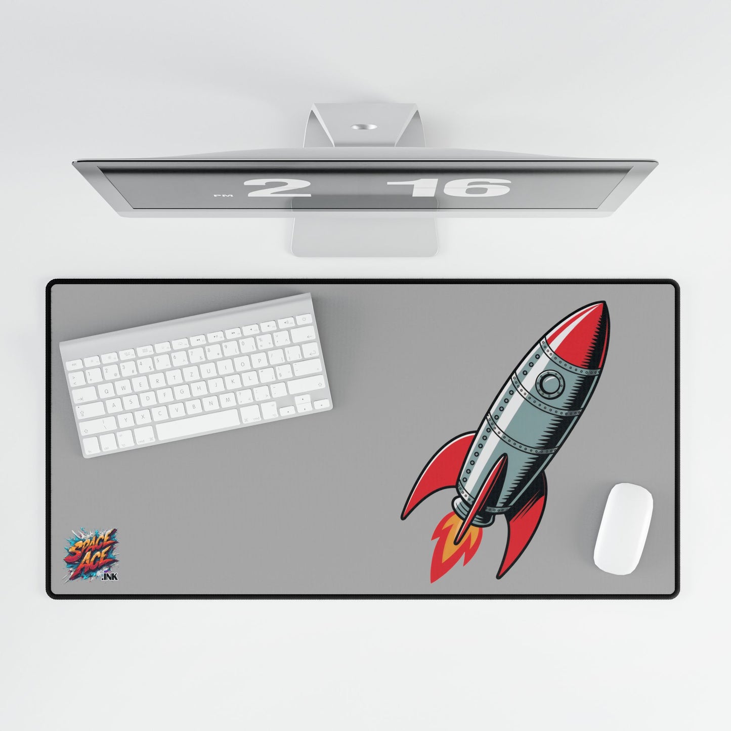 Retro Rocket Illustration Desk Mat - Space, Vintage Comic Style