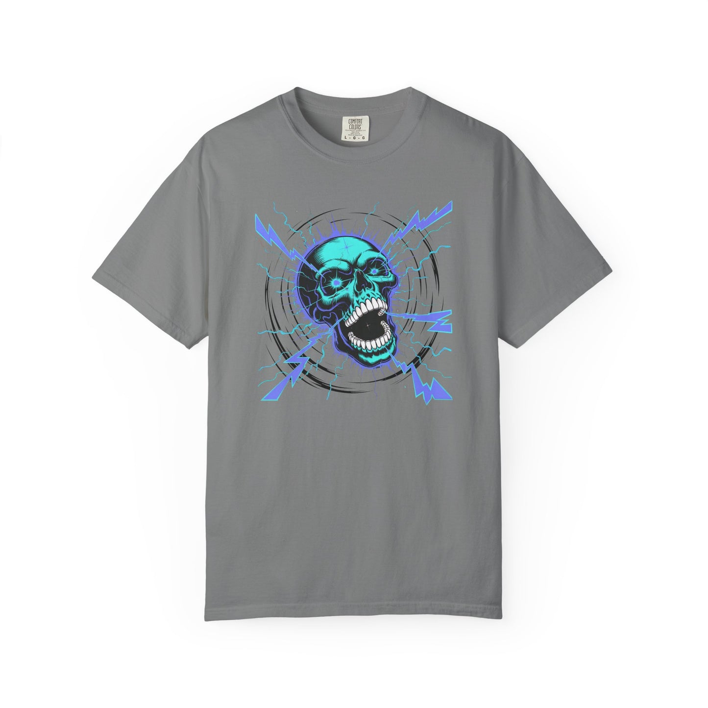 Electric Skull BLUE, Garment-Dyed Graphic Tee for Music Lovers, Halloween, Festival Wear