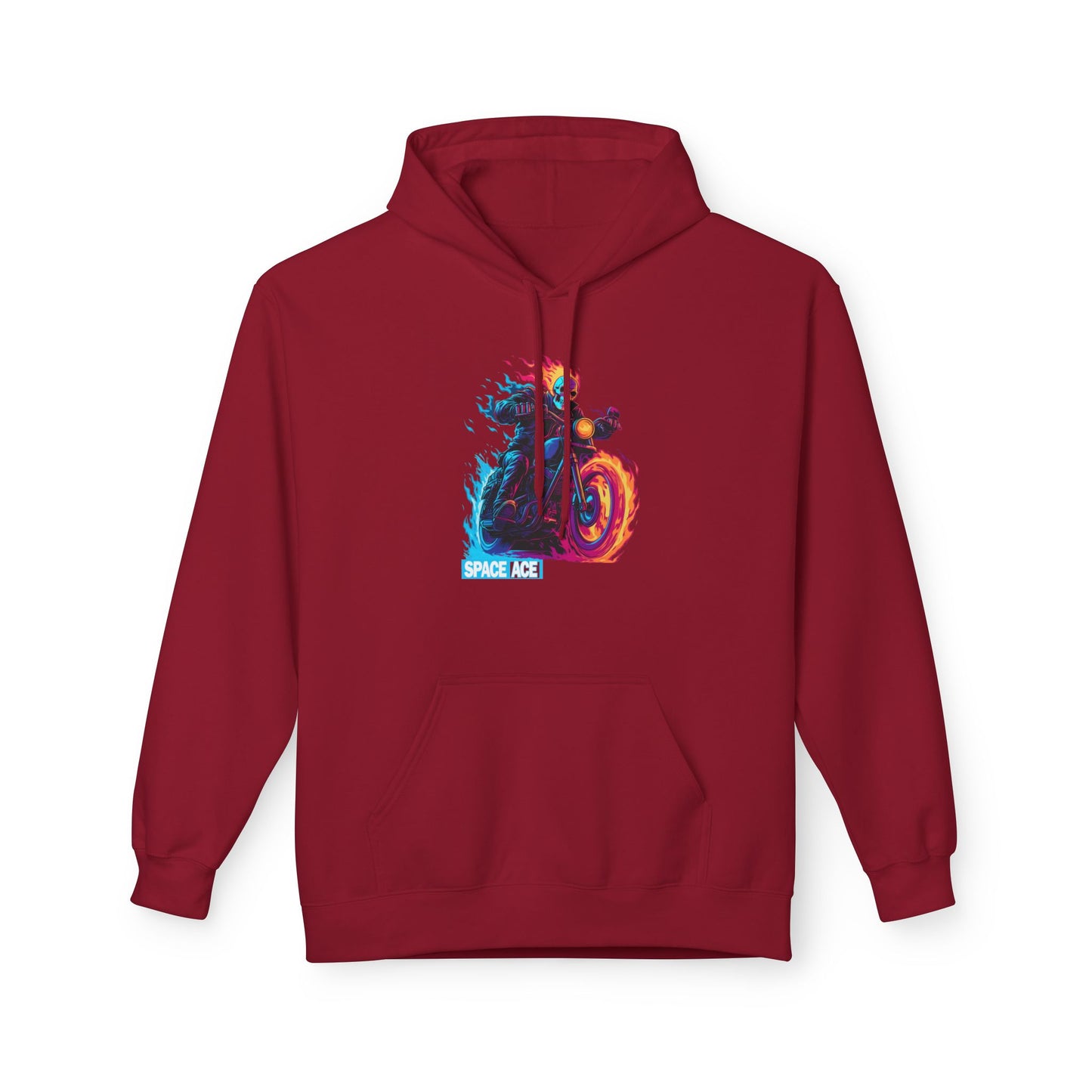 Space Ace Neon Skull Biker Hoodie — Flaming Motorcycle Graphic Sweatshirt