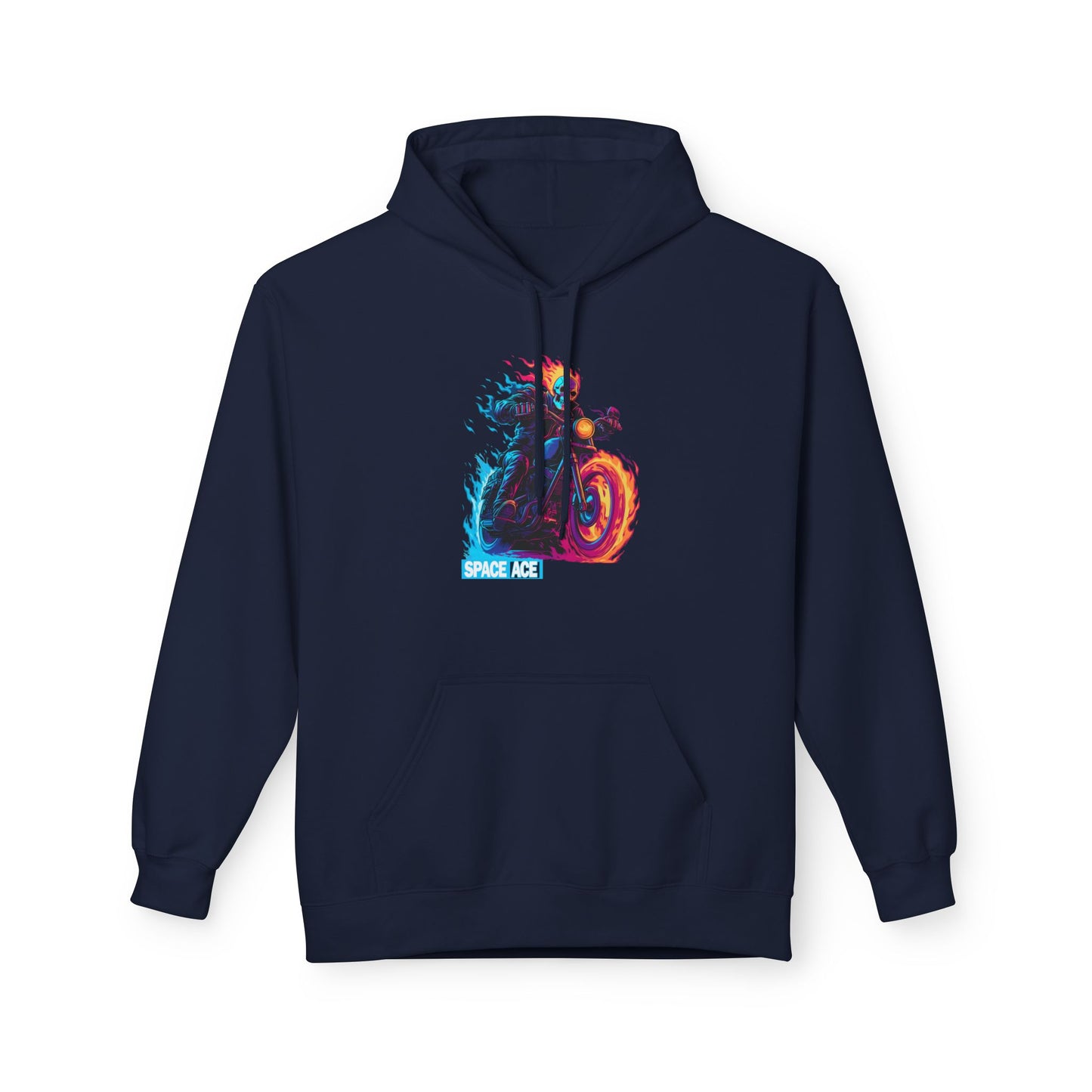 Space Ace Neon Skull Biker Hoodie — Flaming Motorcycle Graphic Sweatshirt