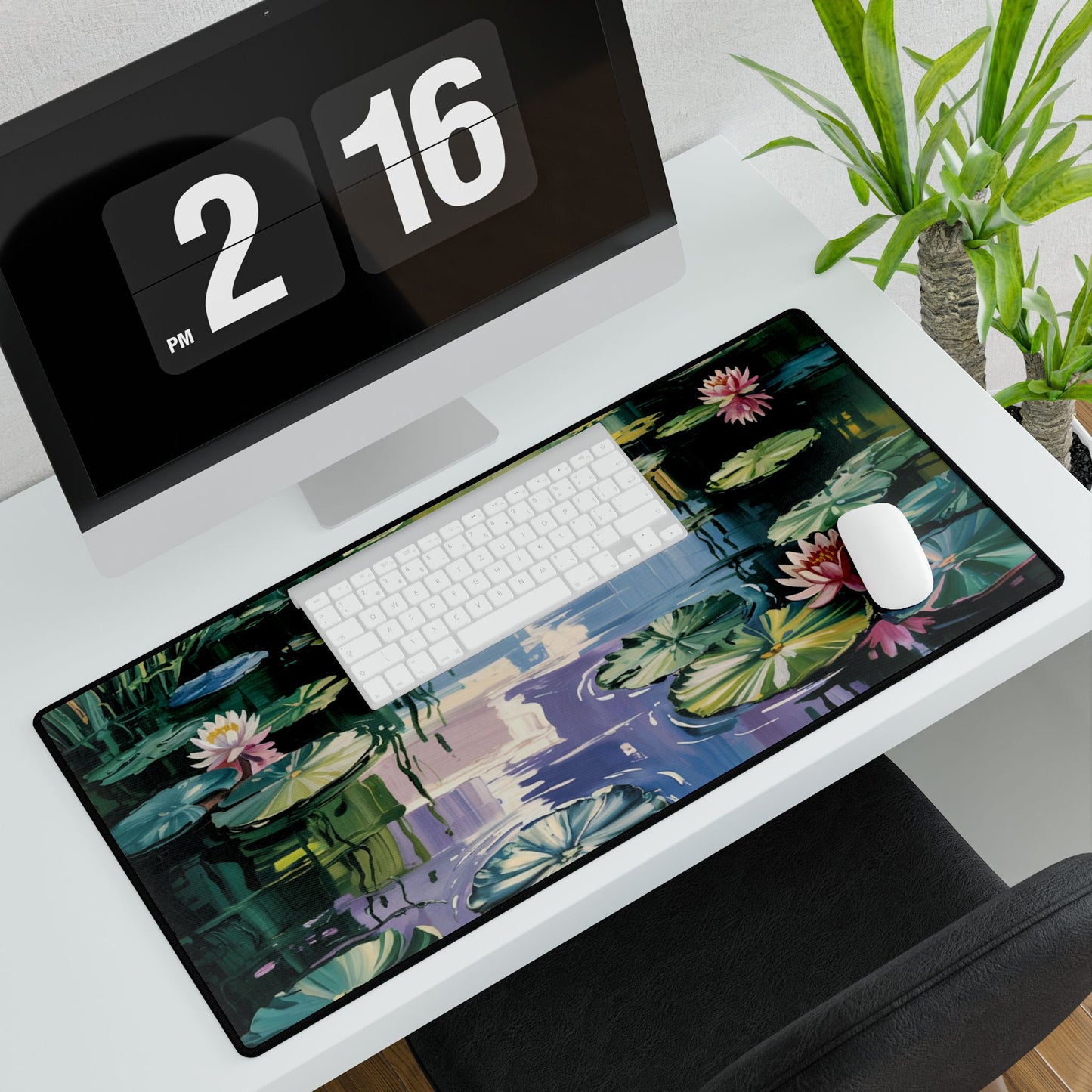 Water Lily Pond Desk Mat - Floral Illustrated Mousepad, Lily Pad Artwork