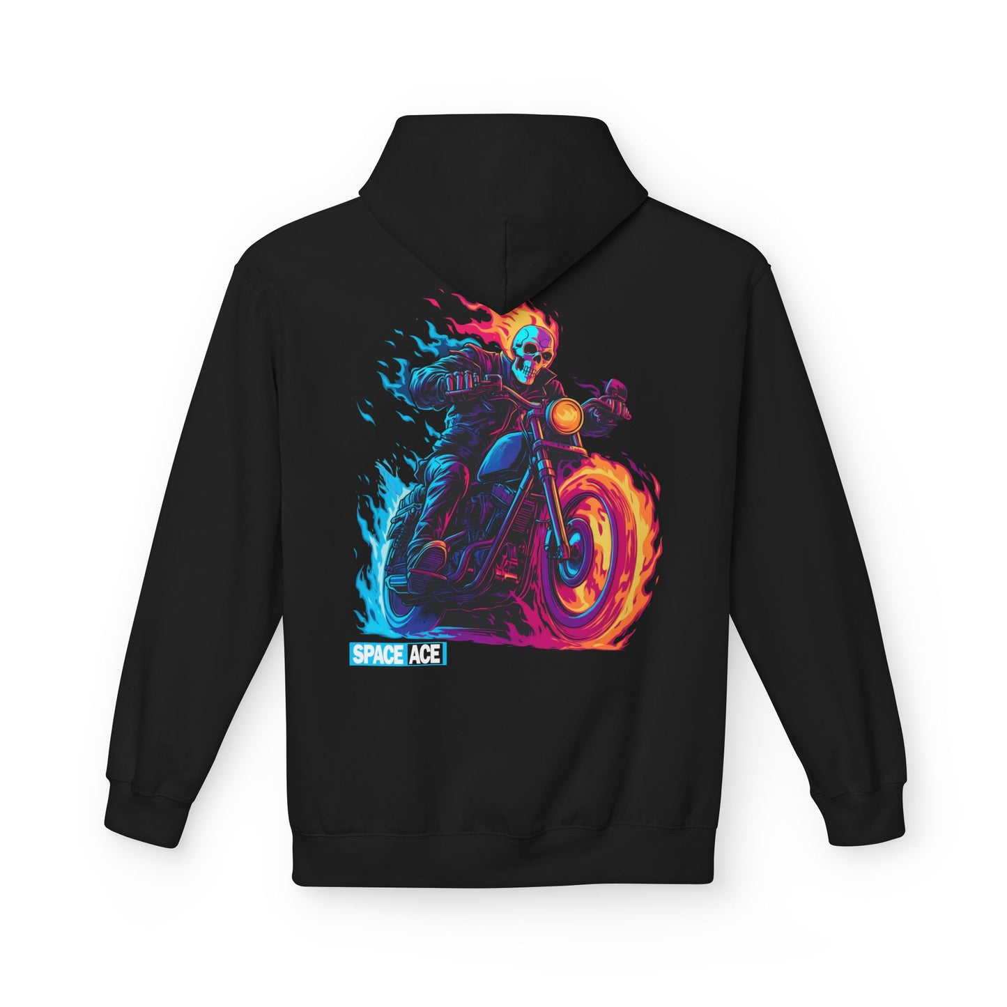 Space Ace Neon Skull Biker Hoodie — Flaming Motorcycle Graphic Sweatshirt
