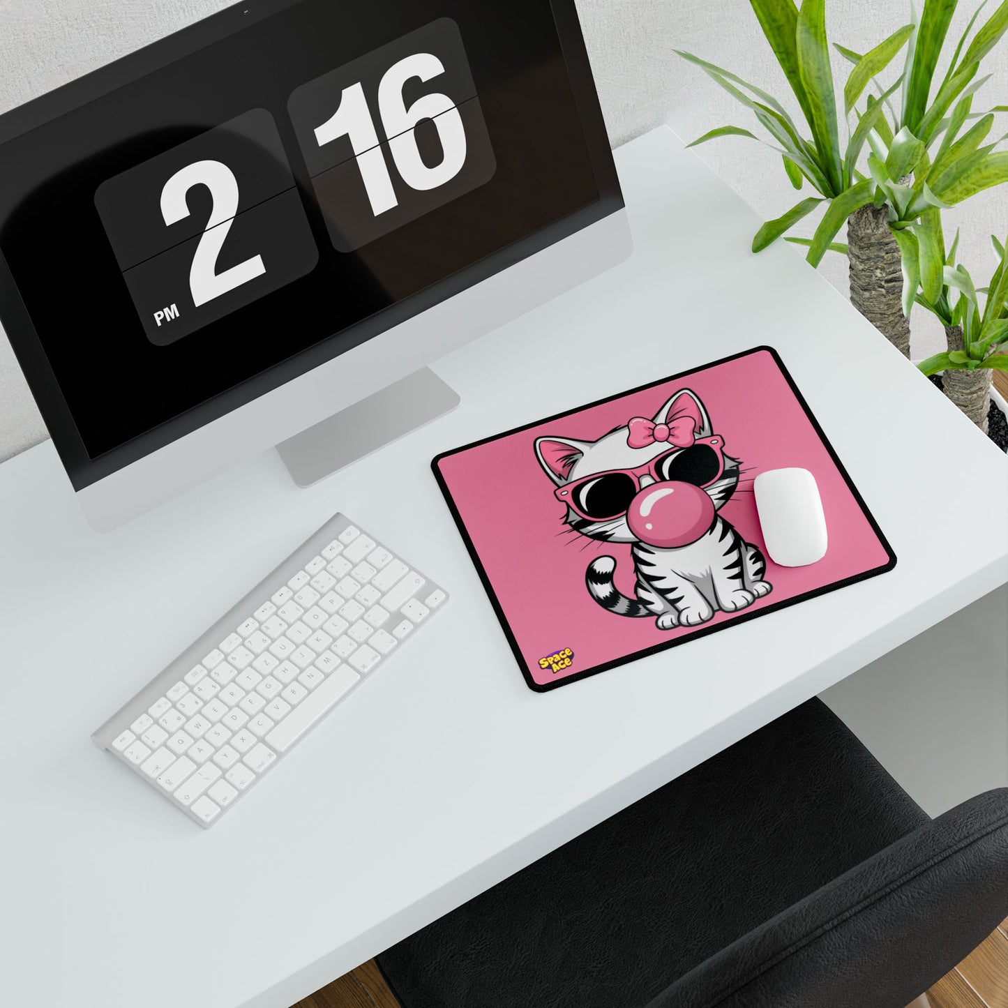 Bubblegum Cat Desk Mat - Pink Cat with Sunglasses Mouse Pad