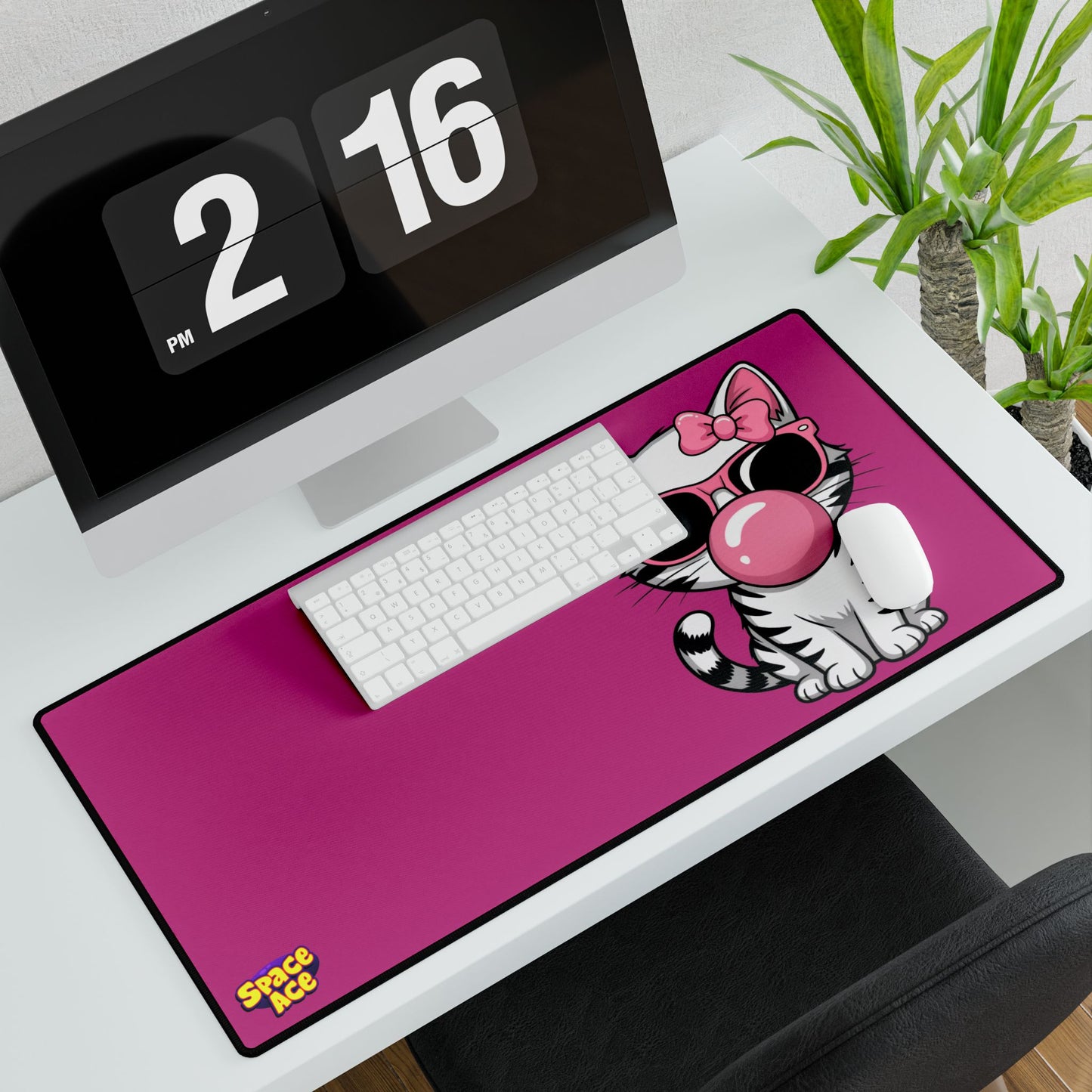 Bubblegum Cat Desk Mat - Pink Cat with Sunglasses Mouse Pad
