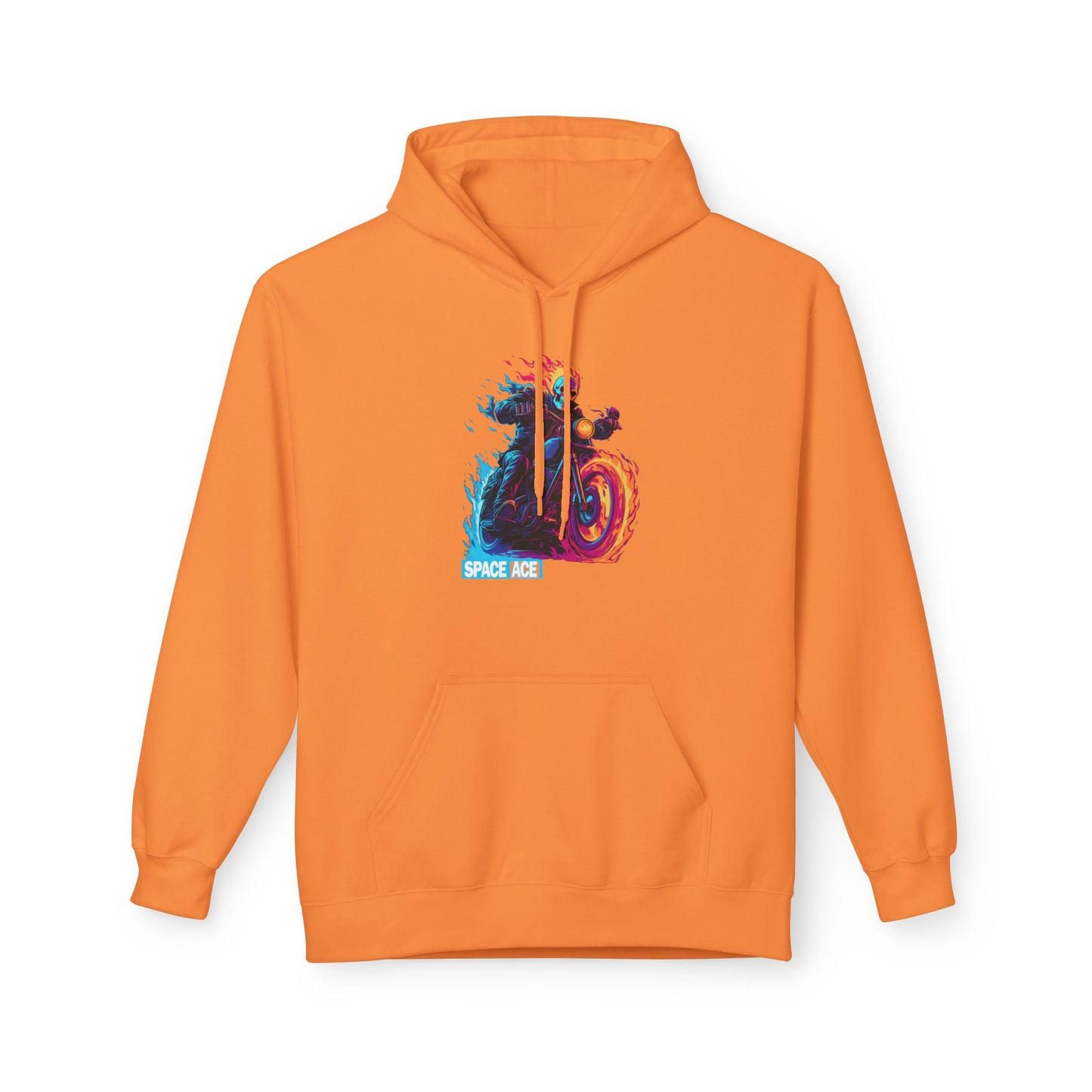 Space Ace Neon Skull Biker Hoodie — Flaming Motorcycle Graphic Sweatshirt