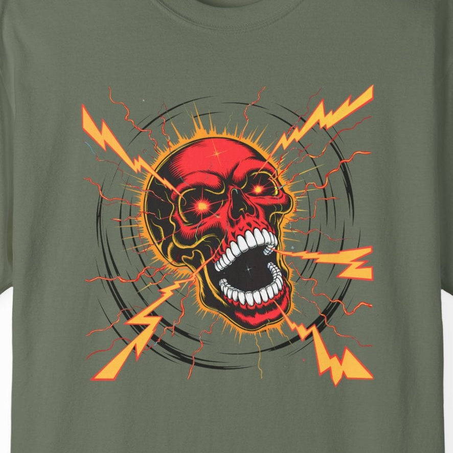 Electric Skull RED, Garment-Dyed Graphic Tee for Music Lovers, Halloween, Festival Wear