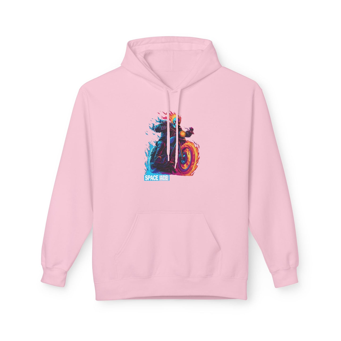 Space Ace Neon Skull Biker Hoodie — Flaming Motorcycle Graphic Sweatshirt